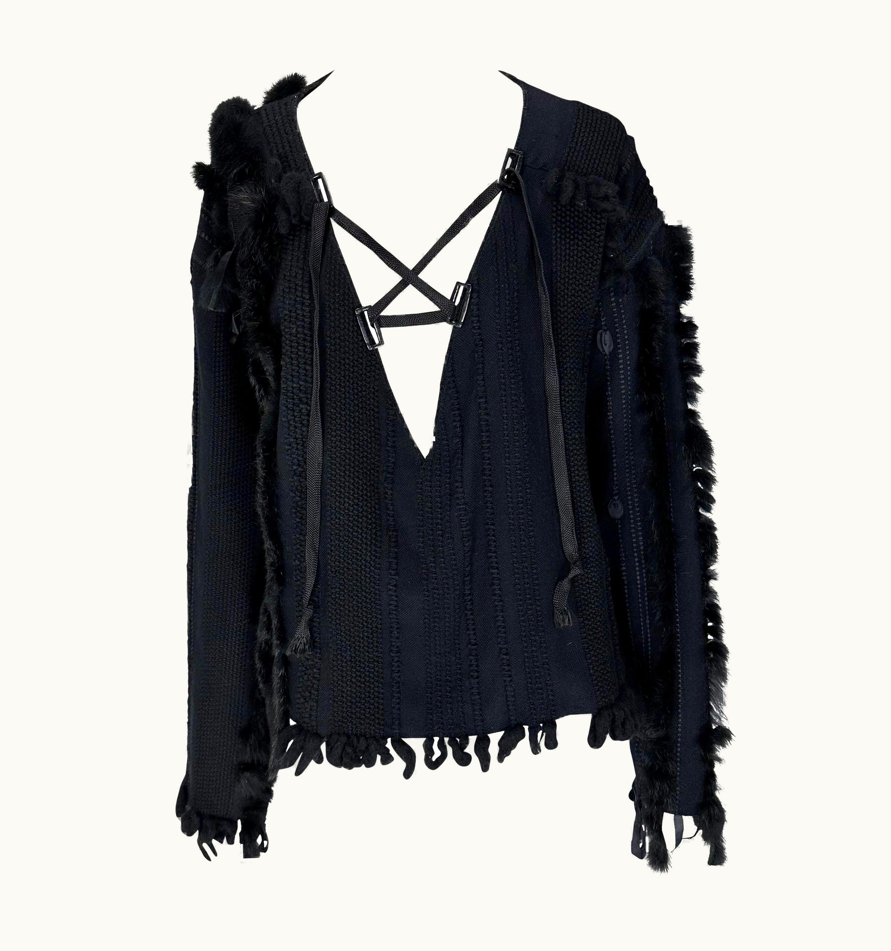 Gucci AW 2002 Gucci By Tom Ford Black Fur Trimmed Knit Lace-Up Oversized Sweater Top