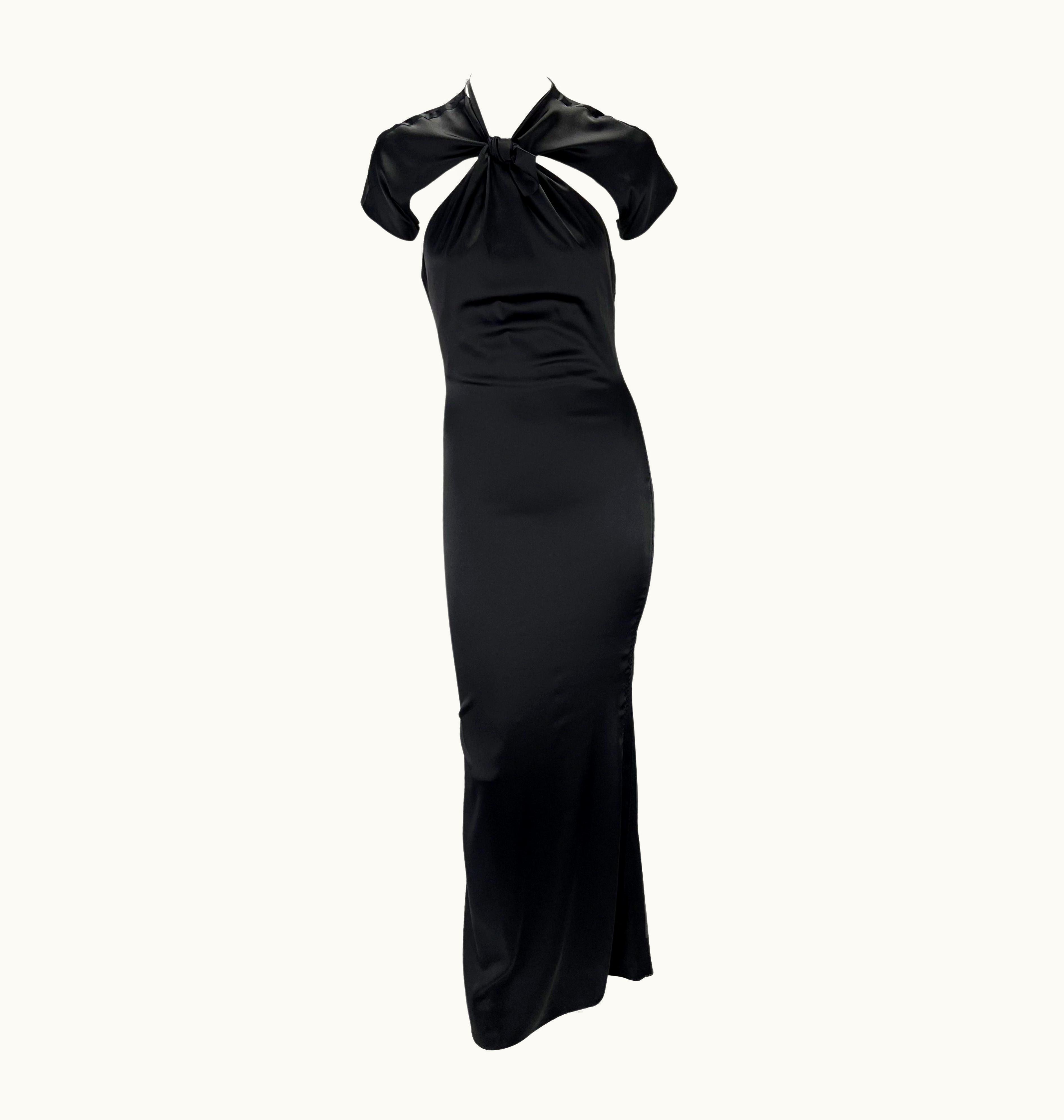 Gucci AW 2004 Gucci By Tom Ford Black Silk Cap Sleeve Backless Knot Stretch Gown