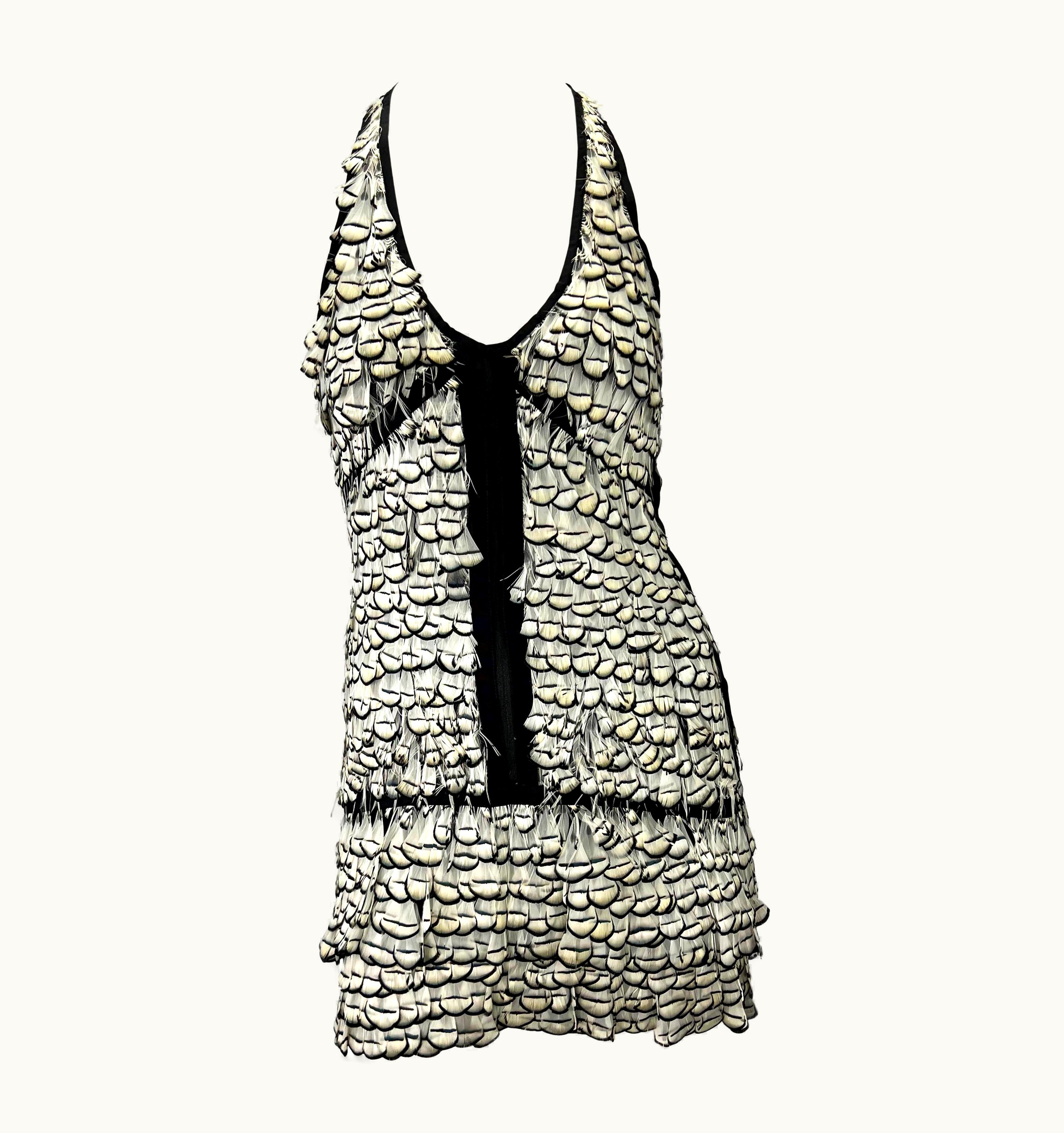 Gucci S/S 2003 Gucci By Tom Ford Runway Sheer Silk White Feather Racerback Mini Dress