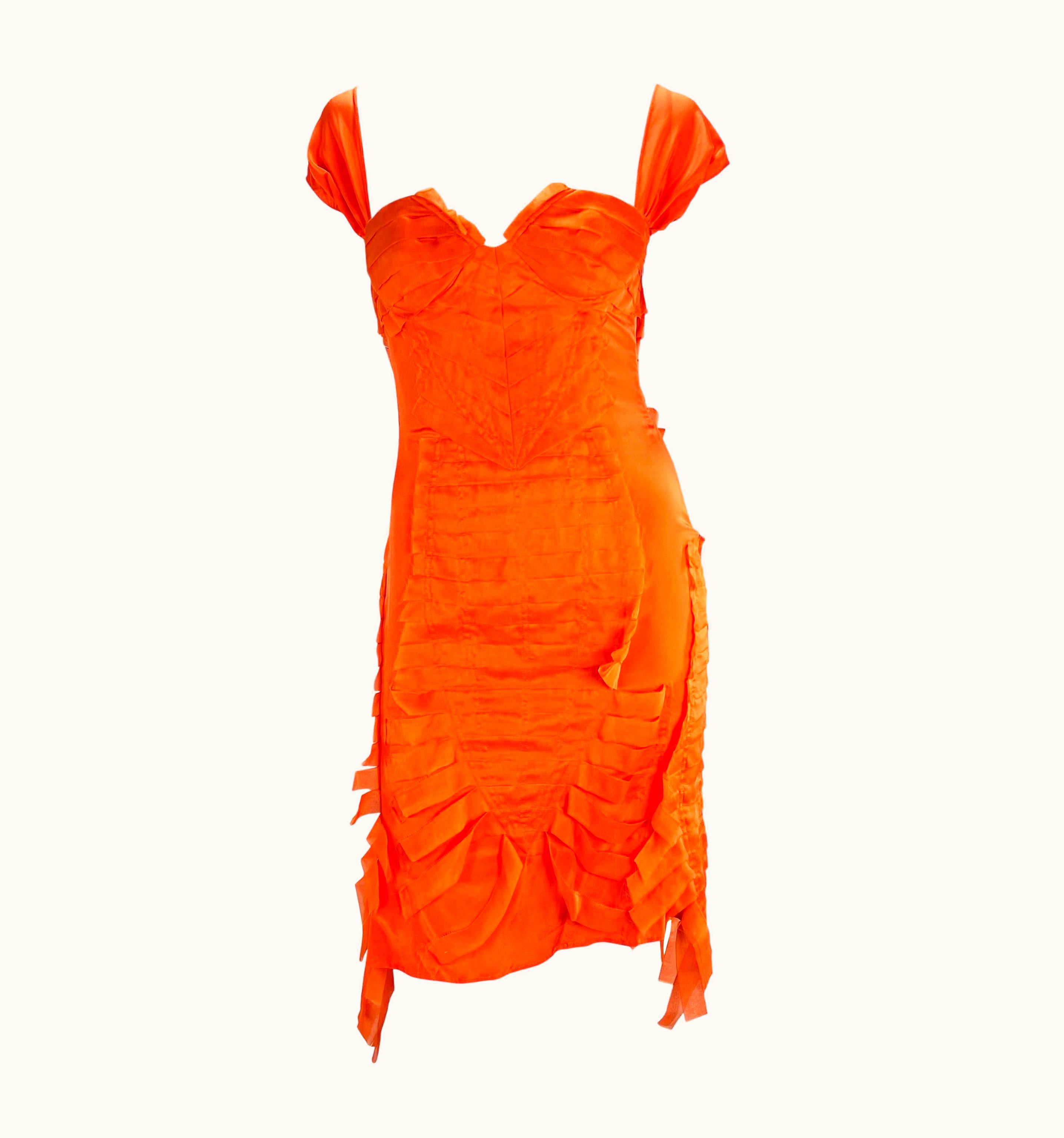 Gucci S/S 2004 Gucci By Tom Ford Runway Ad Bright Orange Raw Silk Ribbon Dress