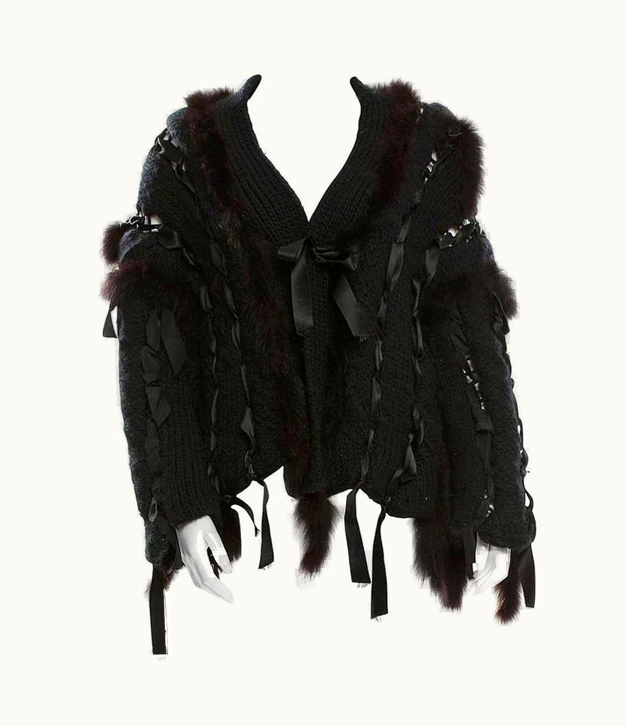Gucci Tom Ford For Gucci Black Wool Sweater Cardigan w/Ribbons And Fox Fur