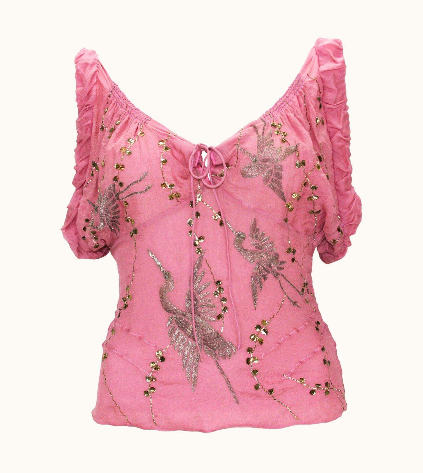 Gucci Tom Ford For Gucci S/S 2003 Crane Bird Gold Embroidery Silk Top It