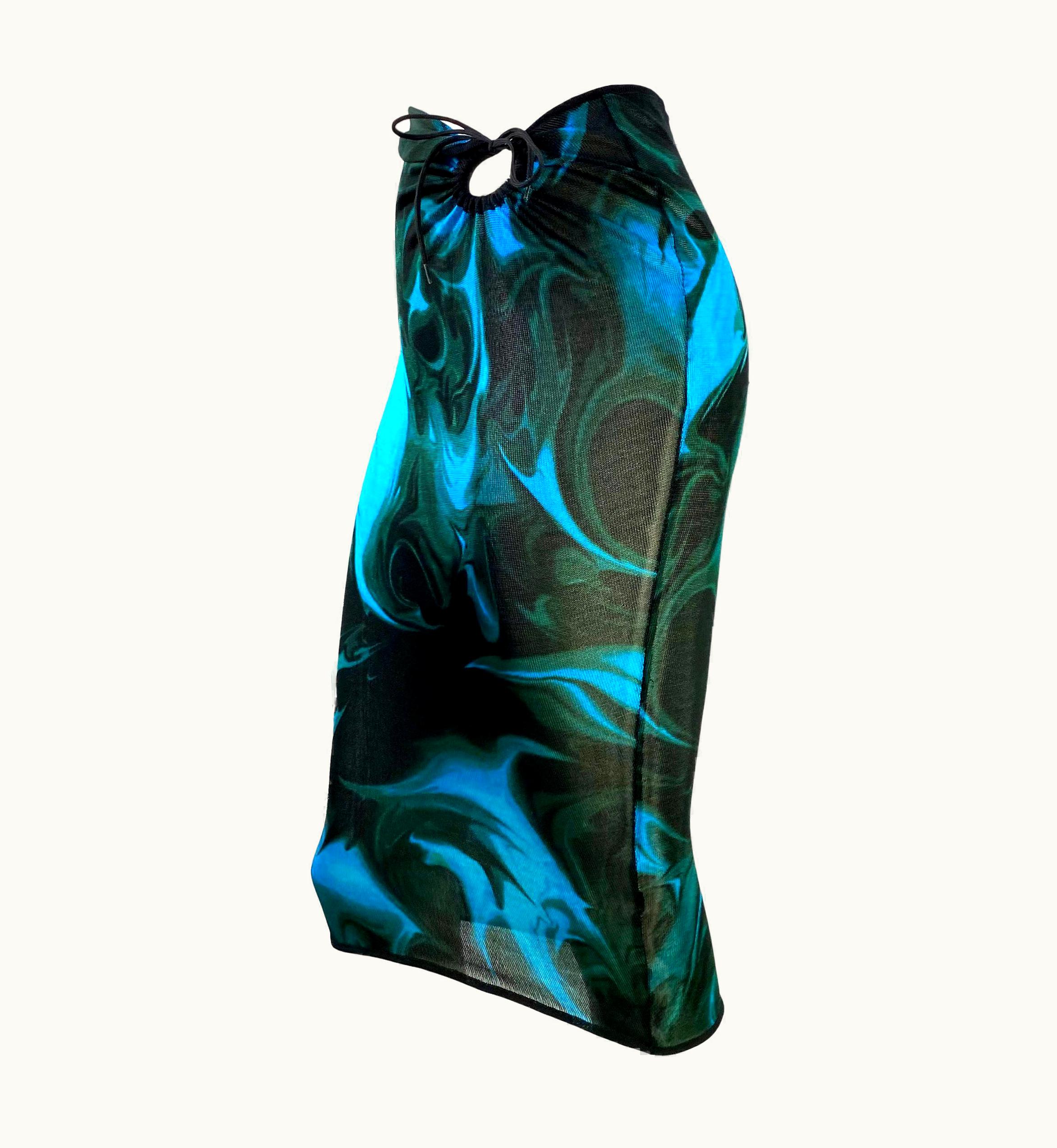 Gucci S/S 2001 Gucci By Tom Ford Blue Green Liquid Magma Print Sheer Knit Tie Skirt