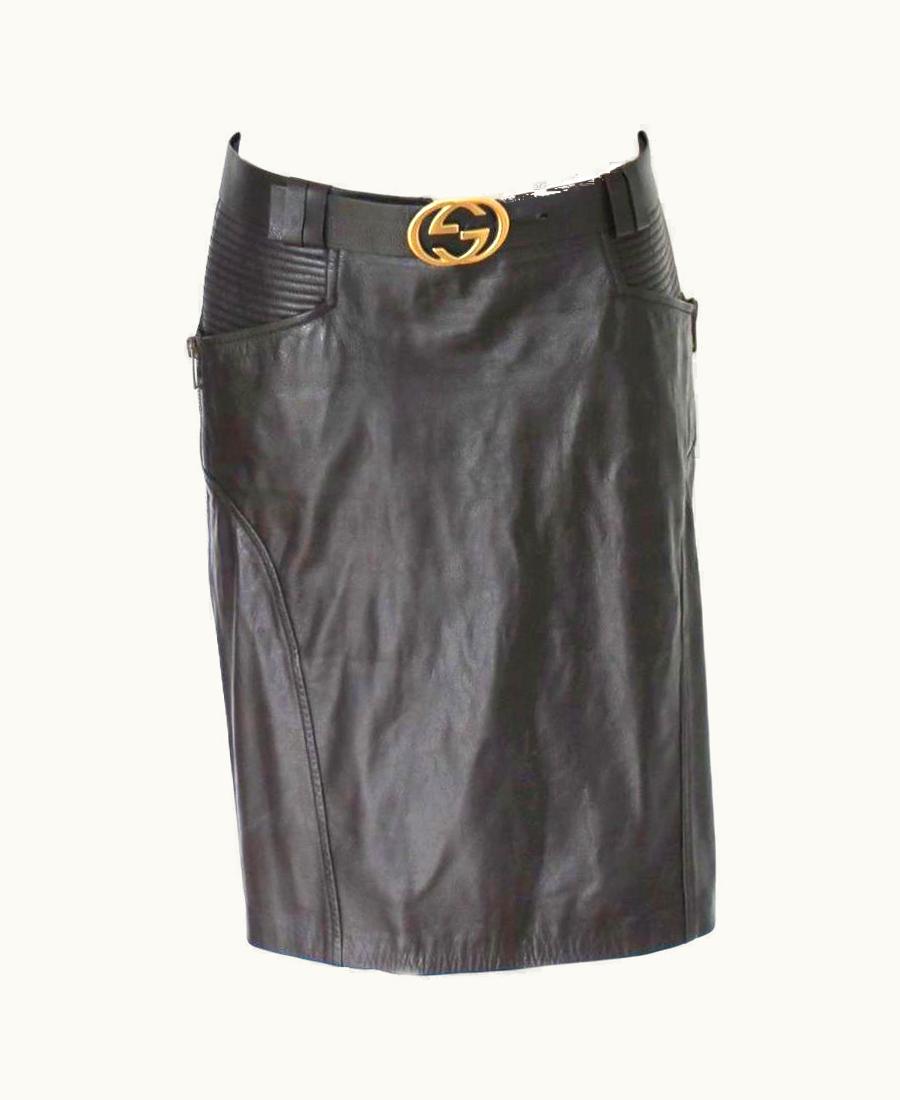 Gucci By Tom Ford Brown Double G Logo Leather Moto Biker Skirt With Belt