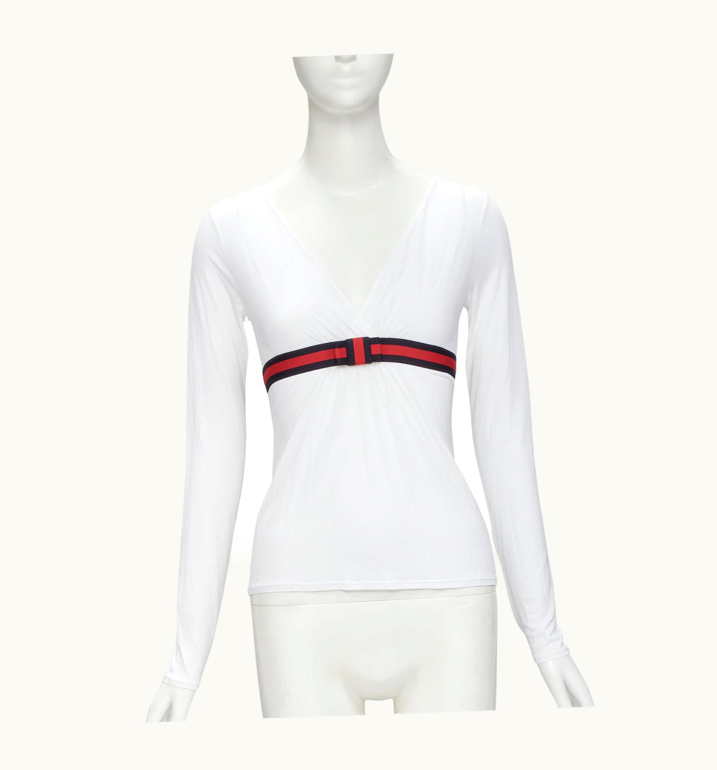 Gucci Vintage White Soft Cotton Navy Red Web Ribbon Trim Top