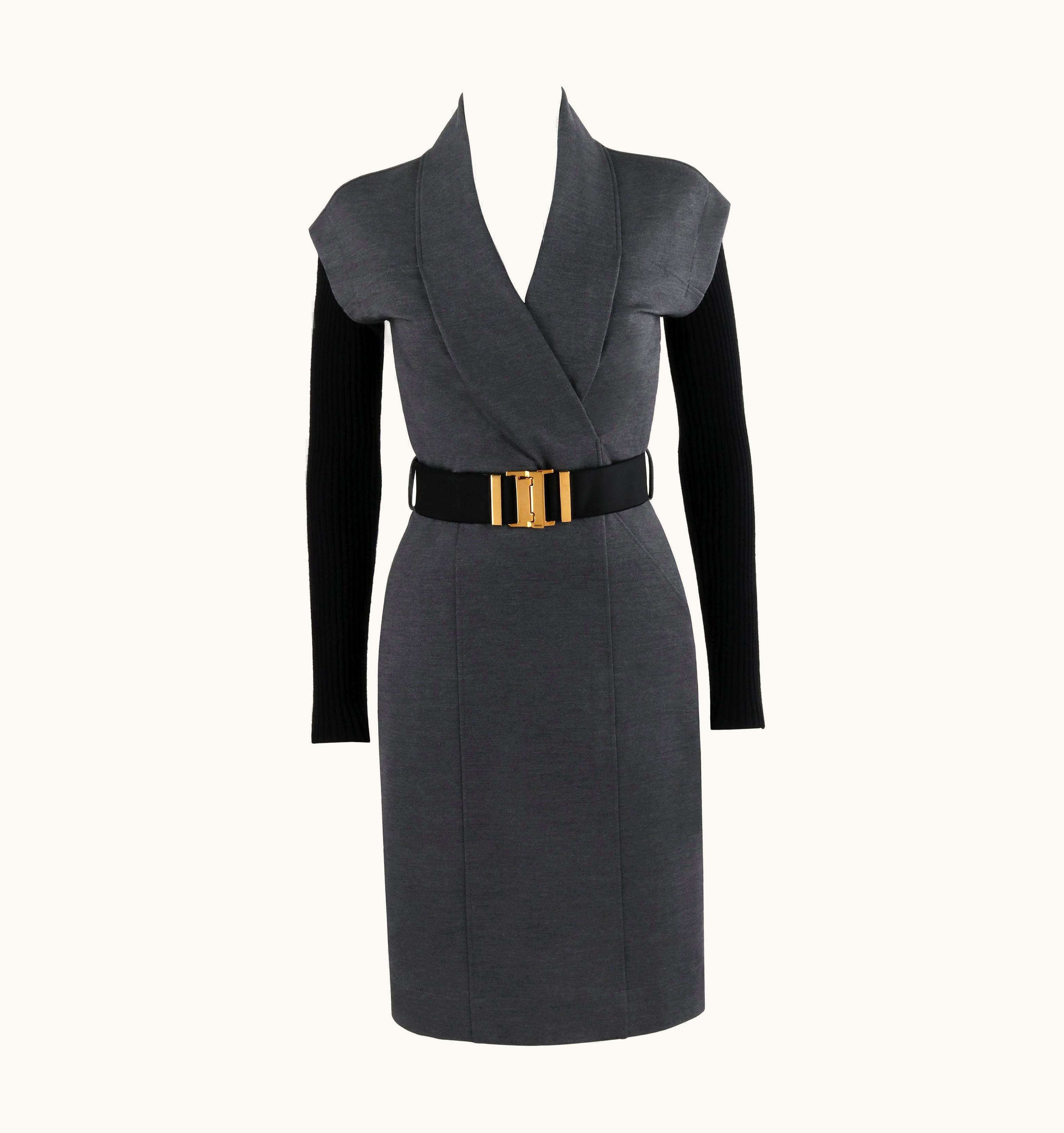 Gucci AW 2009 Gray Surplice Neckline Sheath Belted Shawl Fold Dress