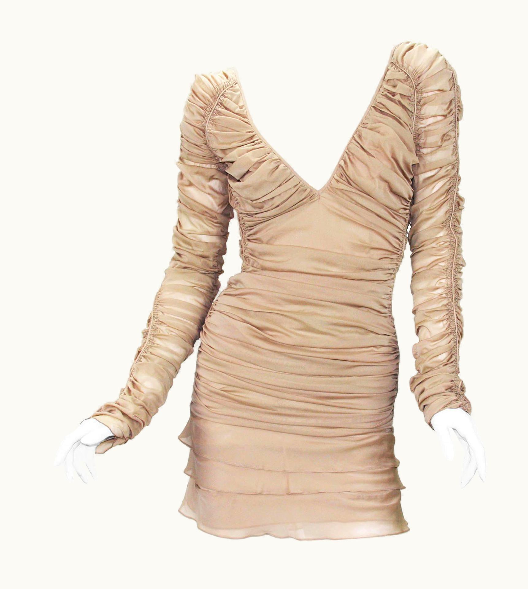Gucci Tom Ford For Gucci S/S 2003 Sexy Mini Nude Silk Stretch Open Back Dress