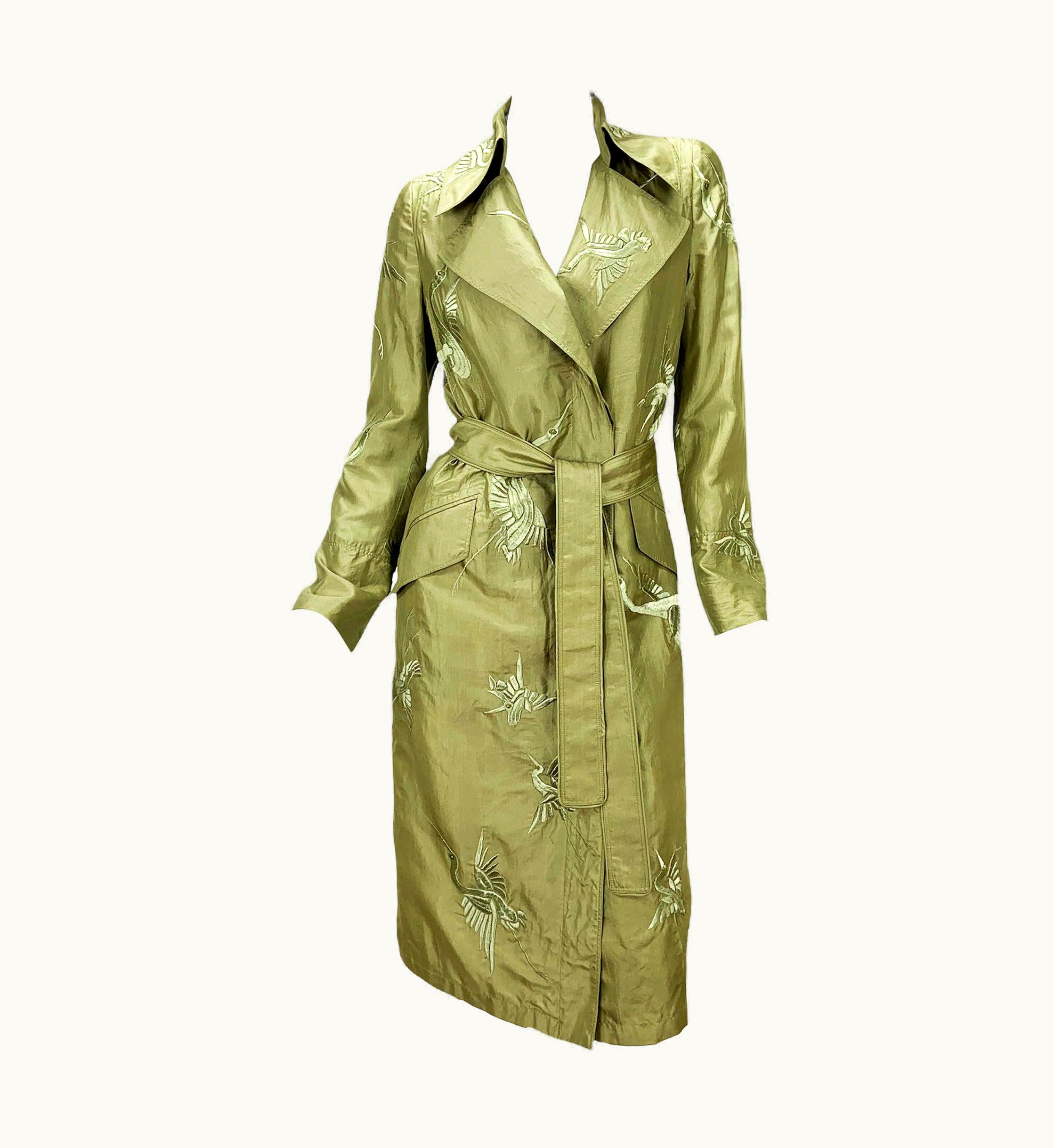 Gucci Tom Ford For Gucci S/S 2002 Green Silk Crane Birds Embroidery Trench Coat