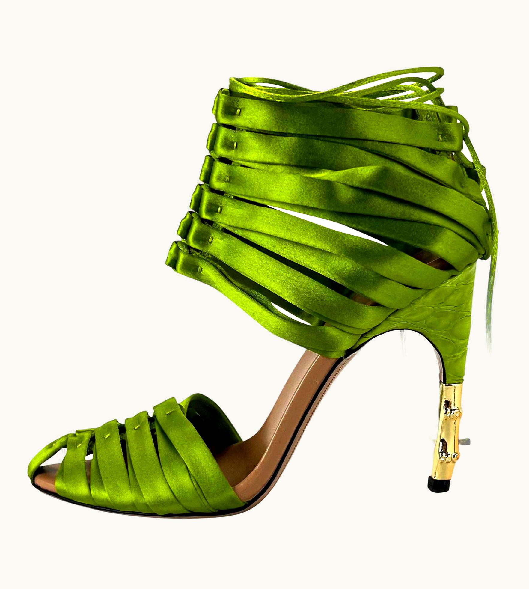 Gucci S/S 2004 Gucci By Tom Ford Ad Green Satin Strap Lace-Up Crocodile Heels Size 5 B