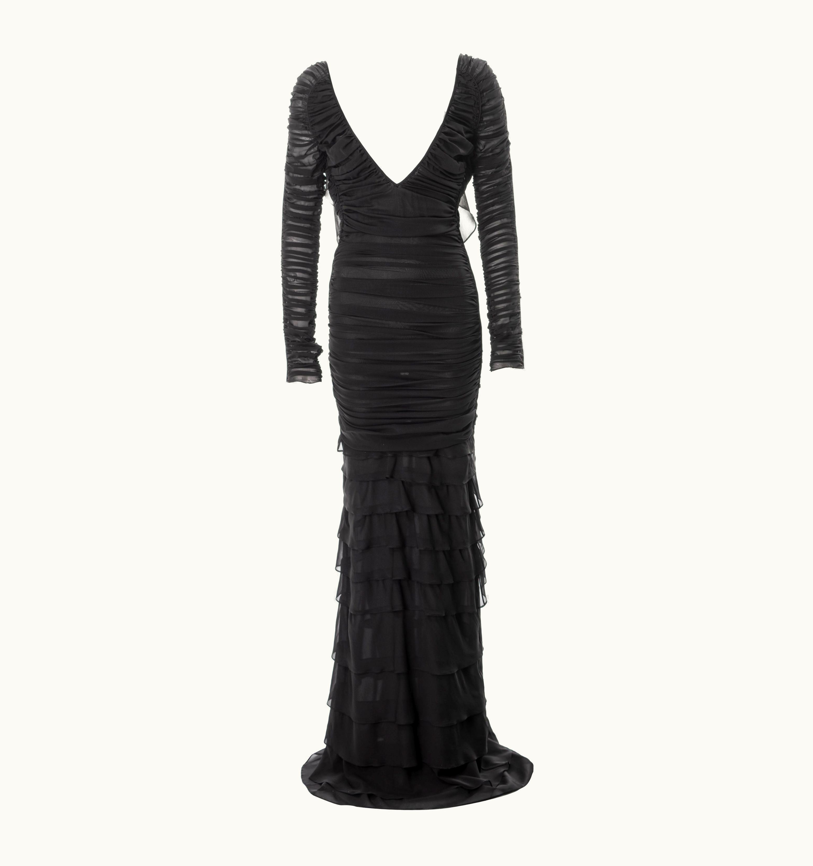 Gucci By Tom Ford Black Silk Ruched Evening Dress With Tired Skirt, S/S 2003