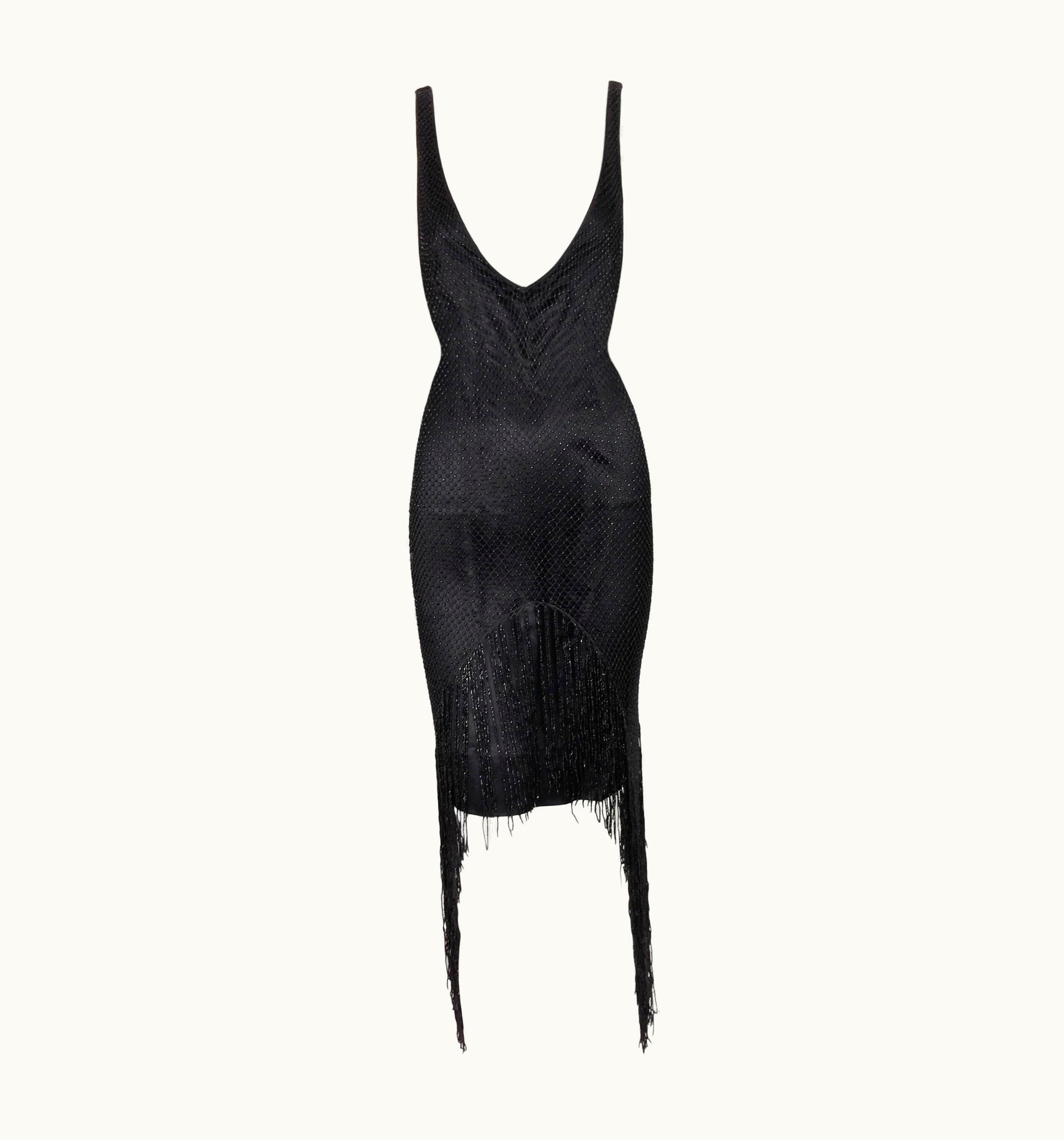 Gucci AW 2002 Gucci Tom Ford Runway 20' Flapper Plunging Black Beaded Mesh Dress