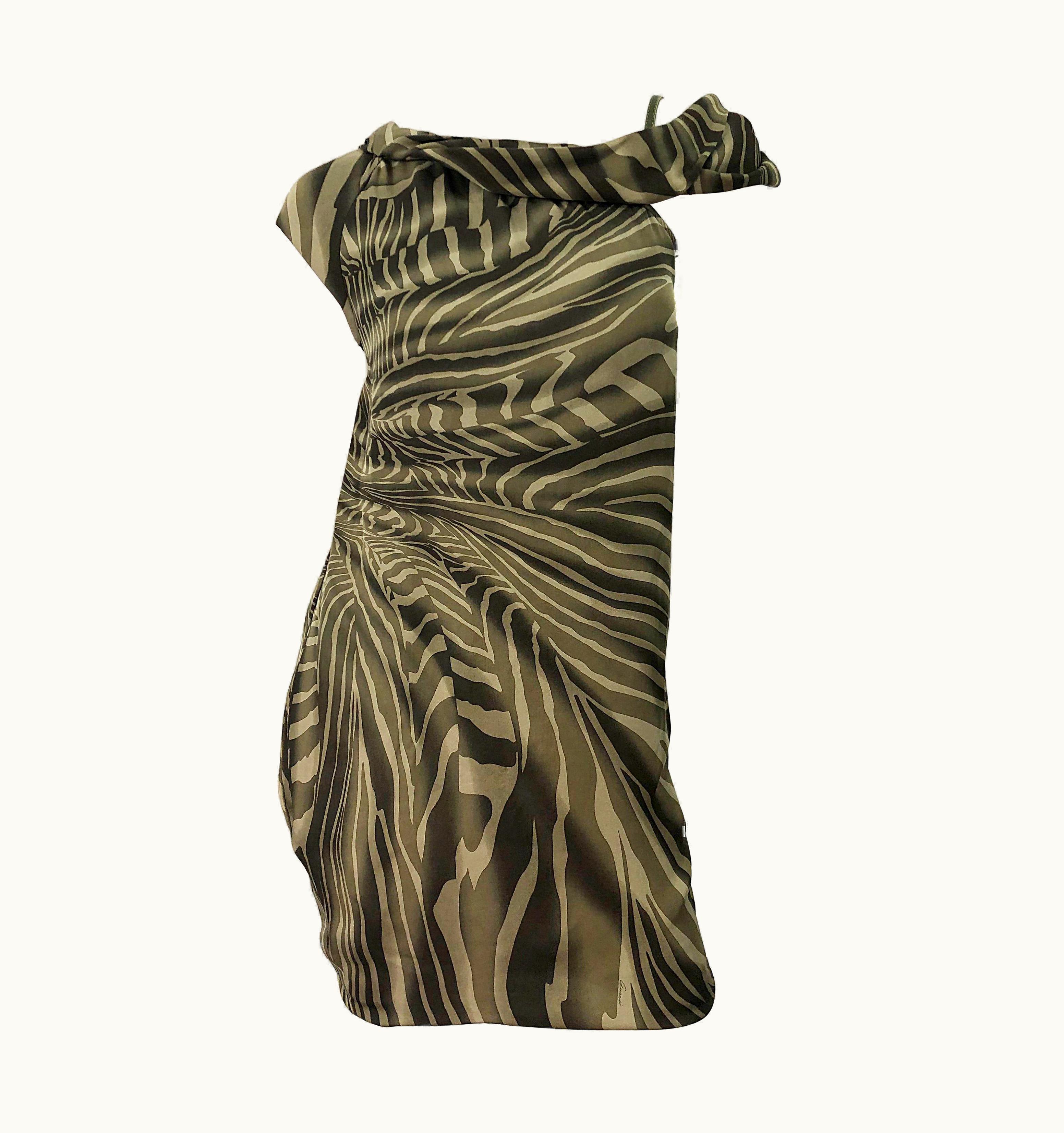 Gucci Tom Ford For Gucci Olive + Khaki Zebra Safari Print Silk Off Shoulder Dress