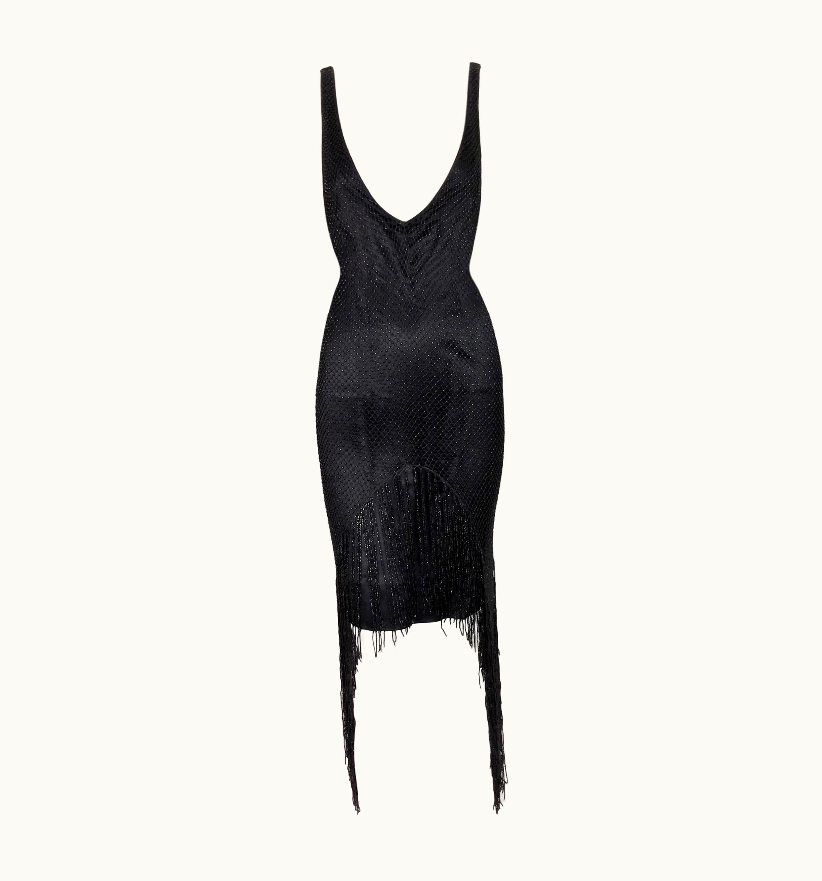 Gucci AW 2002 Gucci By Tom Ford Plunging 20' Flapper Beaded Fringe Black Dress