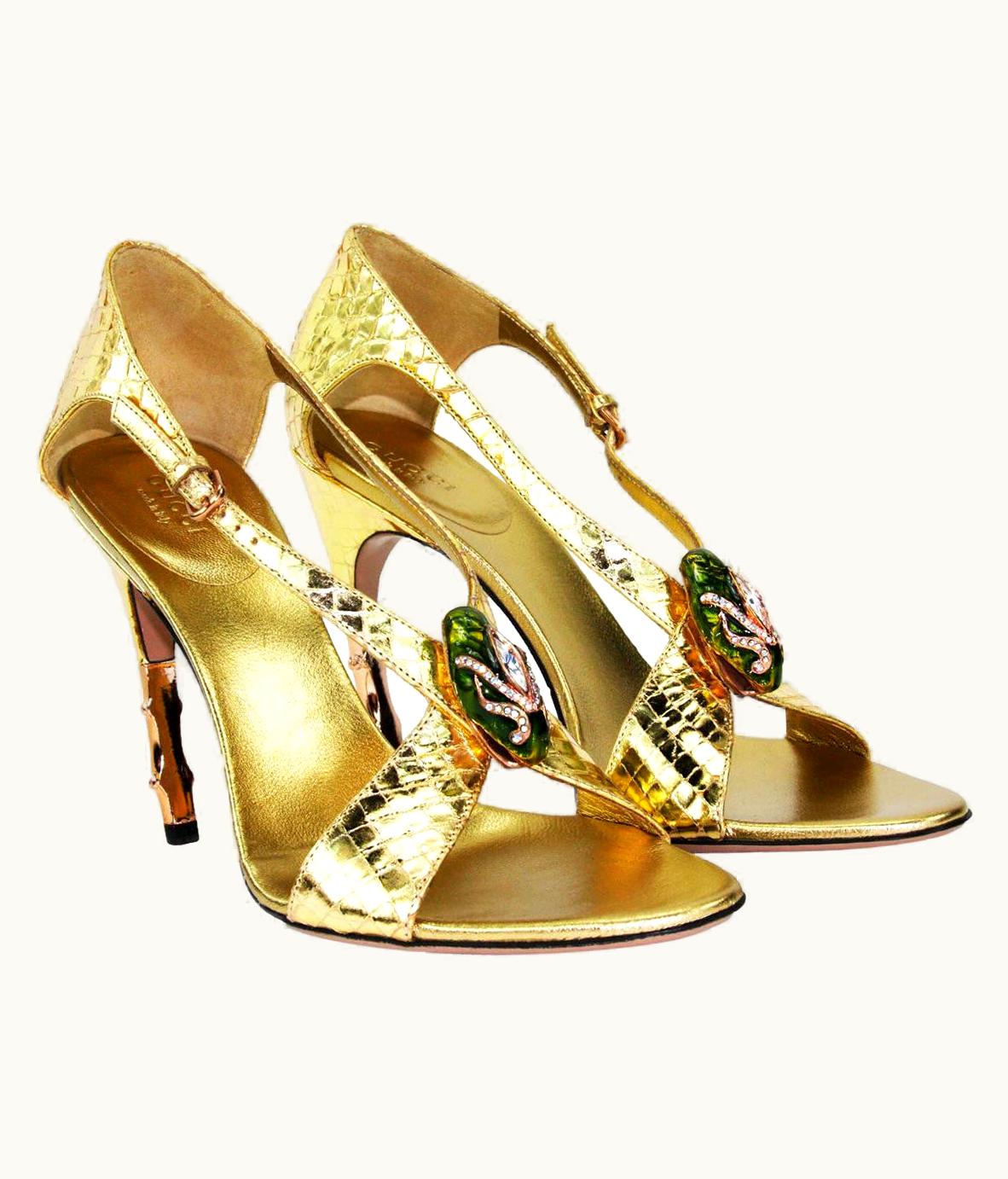 Gucci Tom Ford For Gucci S/S 2004 Gold Python Jeweled Bamboo Heel Shoes