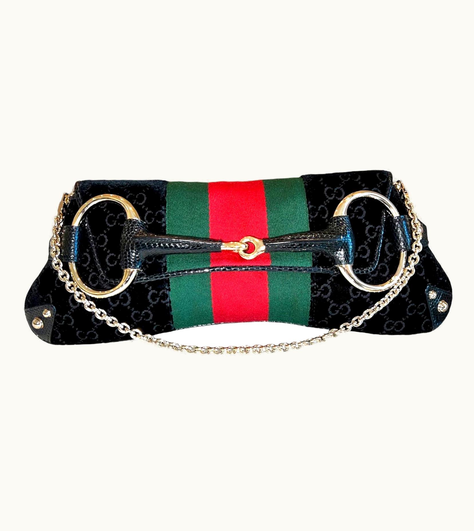 Gucci Unworn Gucci By Tom Ford Web 2003/4 Velvet Gg Logo Exotic Lizard Horsebit Xl Bag