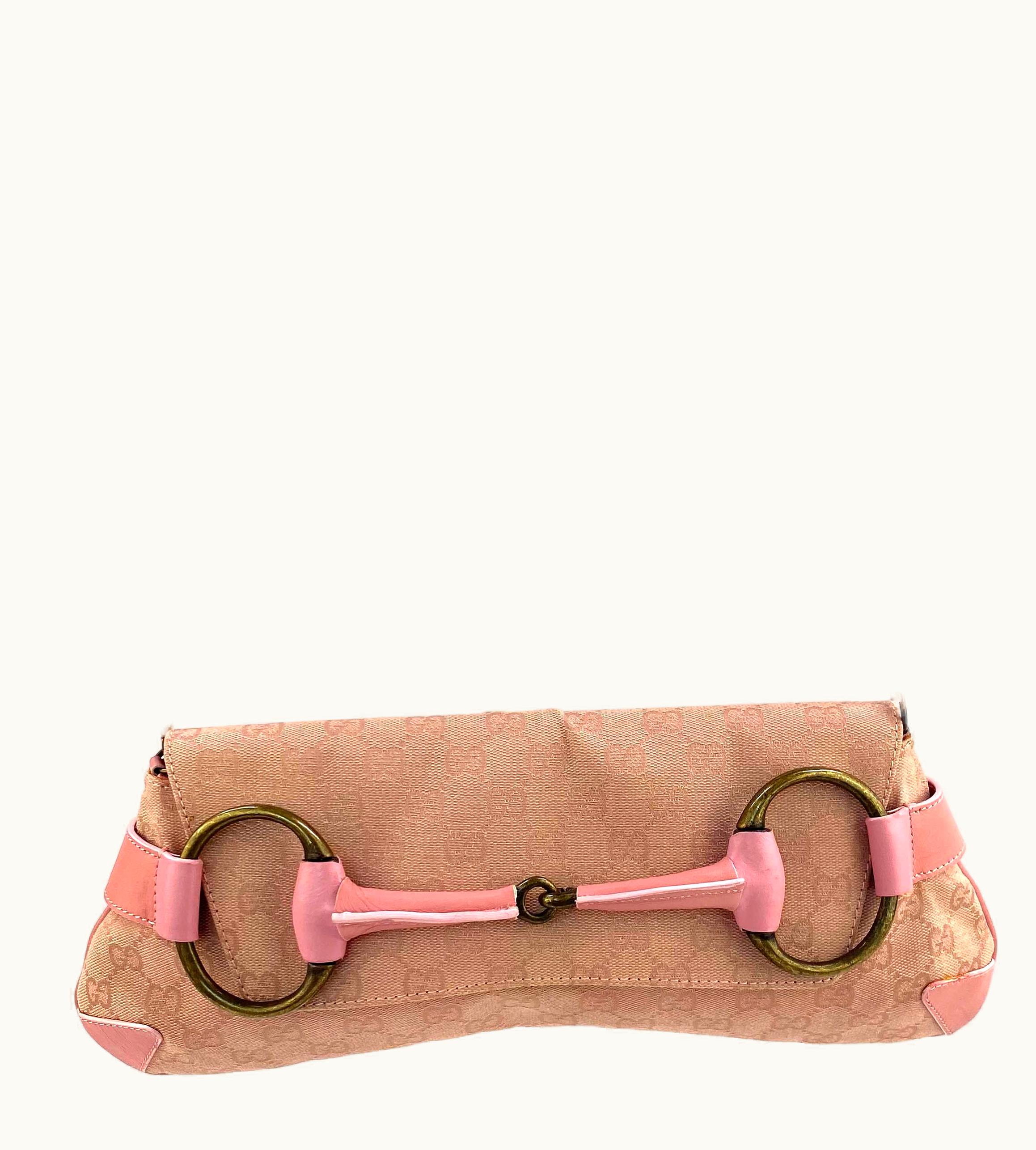 Gucci 2000s Gucci By Tom Ford Pink Gg Large Distressed Horsebit Convertible Clutch
