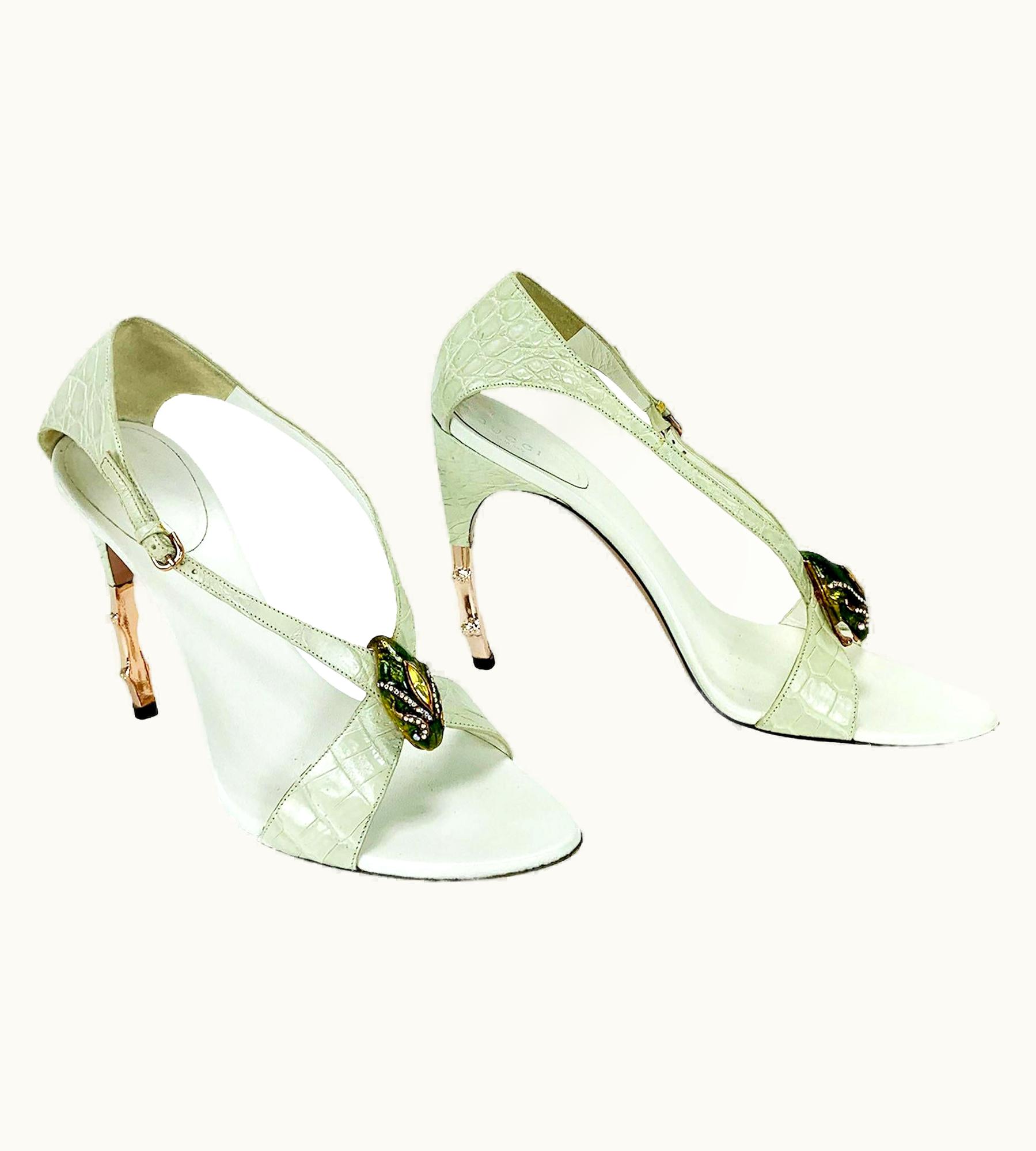 Gucci Tom Ford For Gucci S/S 2004 Oyster Color Alligator Jeweled Bamboo Shoes 9 B