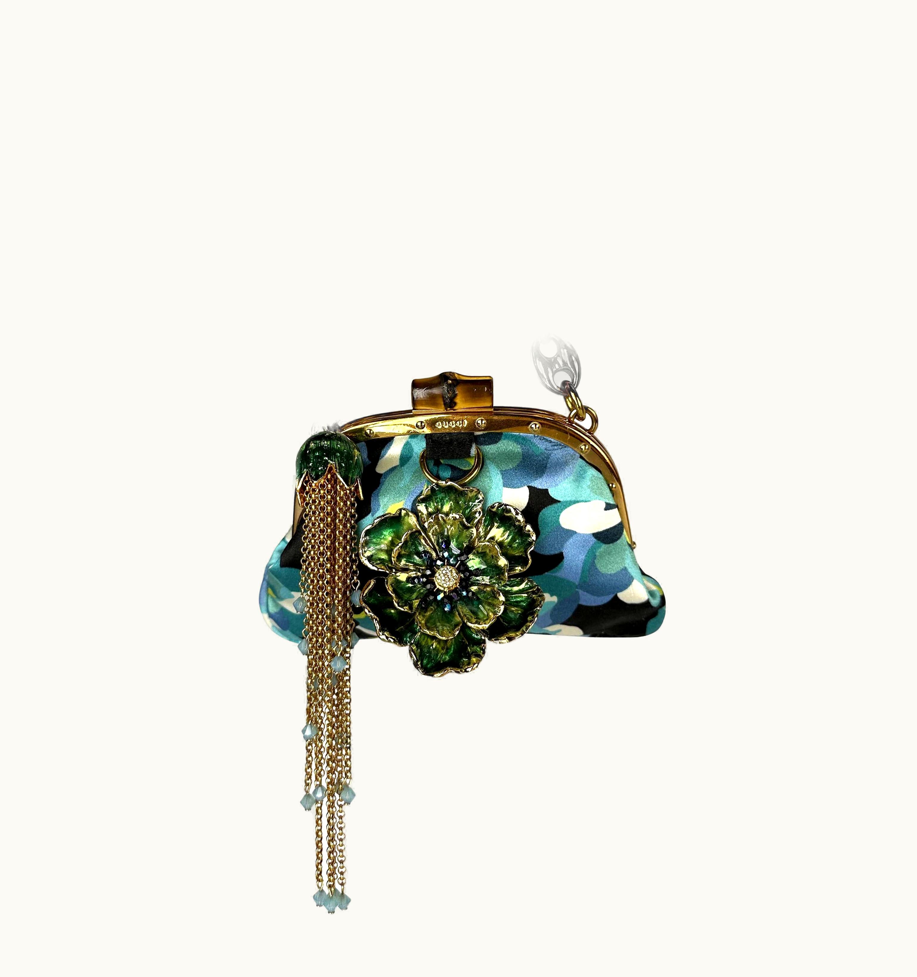 Gucci S/S 2006 Gucci Runway Blue Floral Silk Gold Tone Chain Super Mini Bag