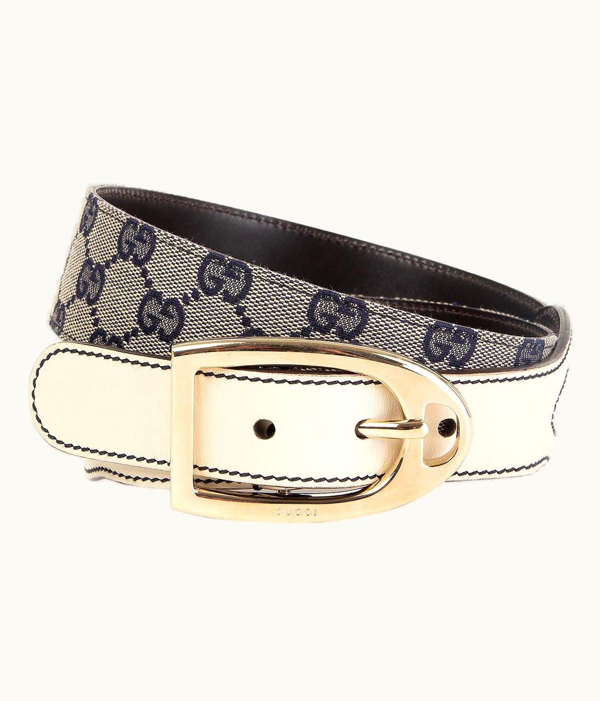 Gucci Gucci White Leather & Blue Gg Monogram Canvas Belt