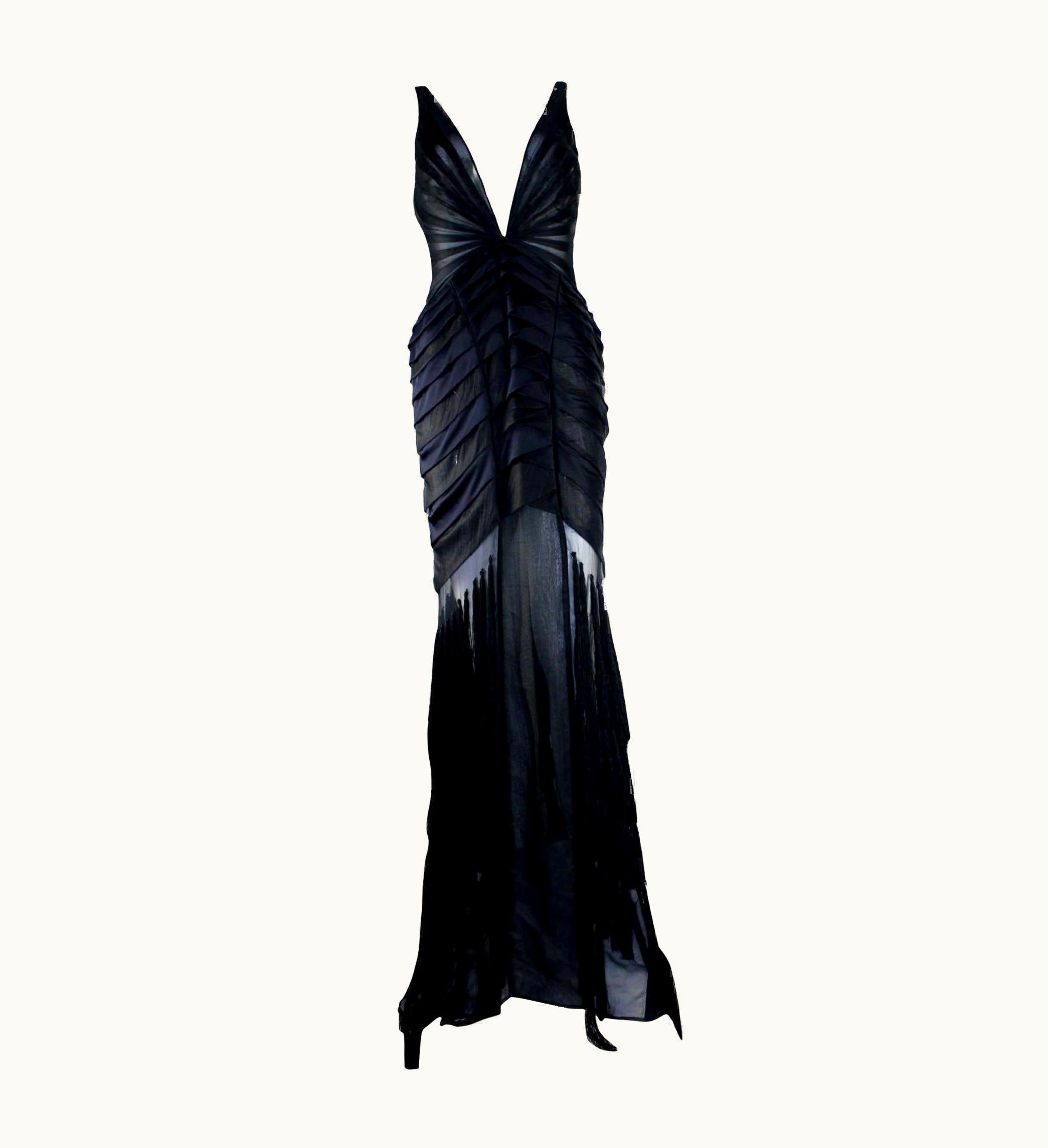 Gucci Unworn Gucci By Tom Ford AW 2004 Black Silk & Tassle Evening Gown Dress