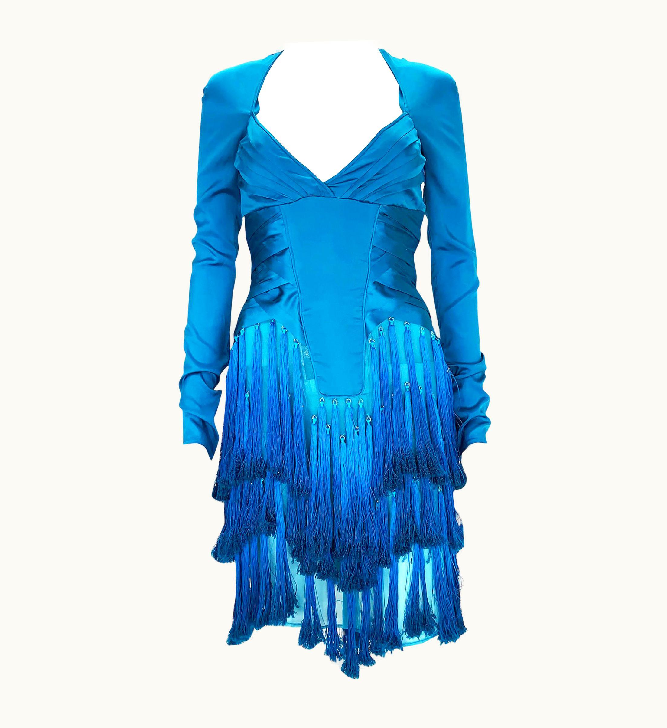 Gucci Tom Ford For Gucci AW 2004 Runway Caribbean Blue Fringe Dress Italian