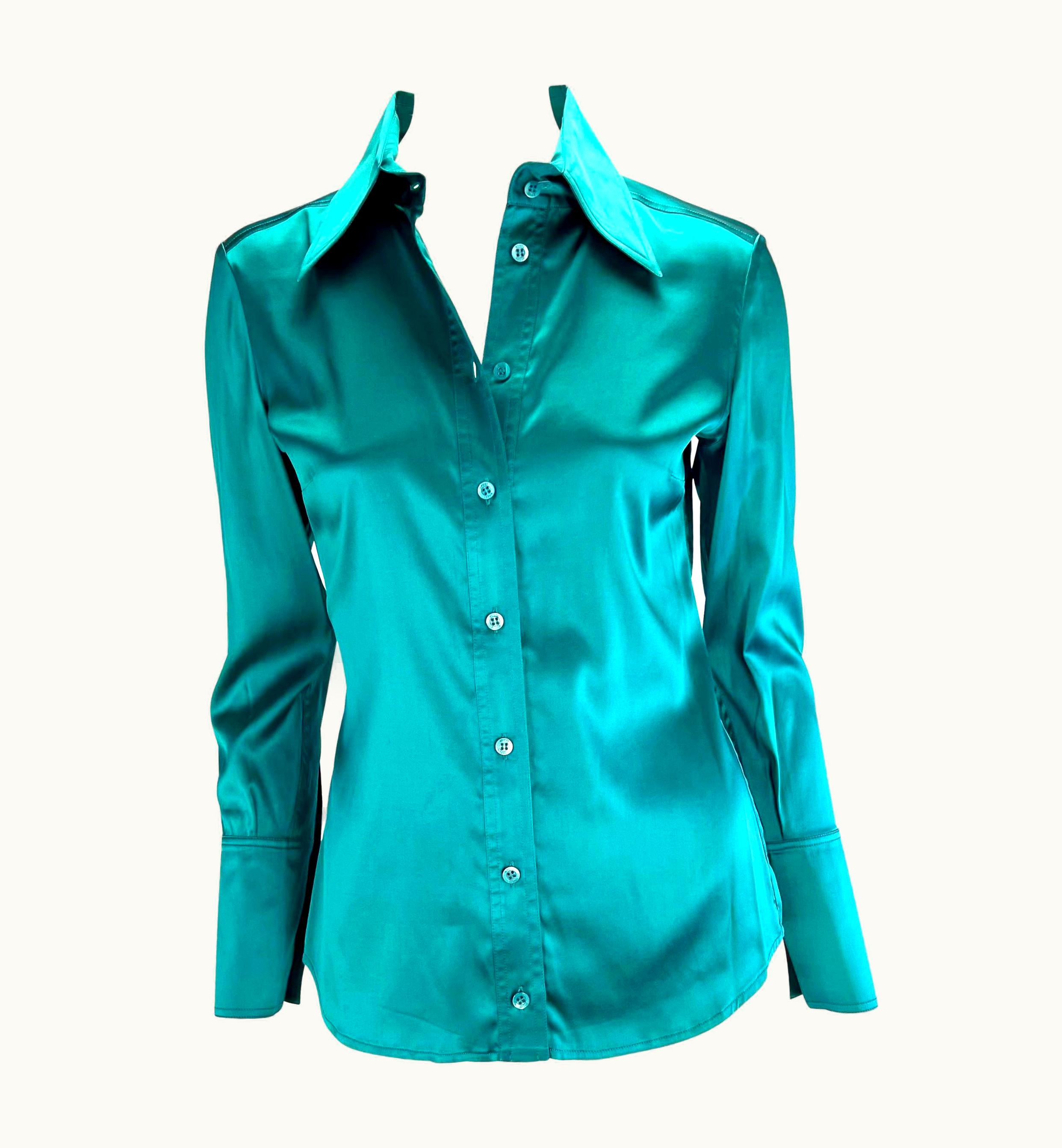 Gucci AW 2003 Gucci By Tom Ford Teal Satin Silk Blend Button Up Stretch Blouse