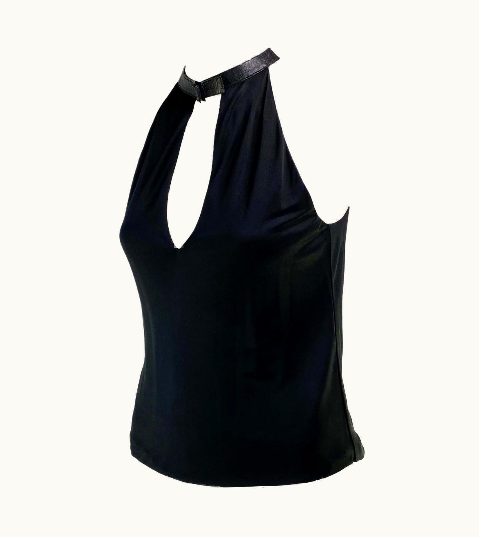Gucci S/S 2000 Gucci By Tom Ford Black Leather Buckle Plunge Sleeveless Top