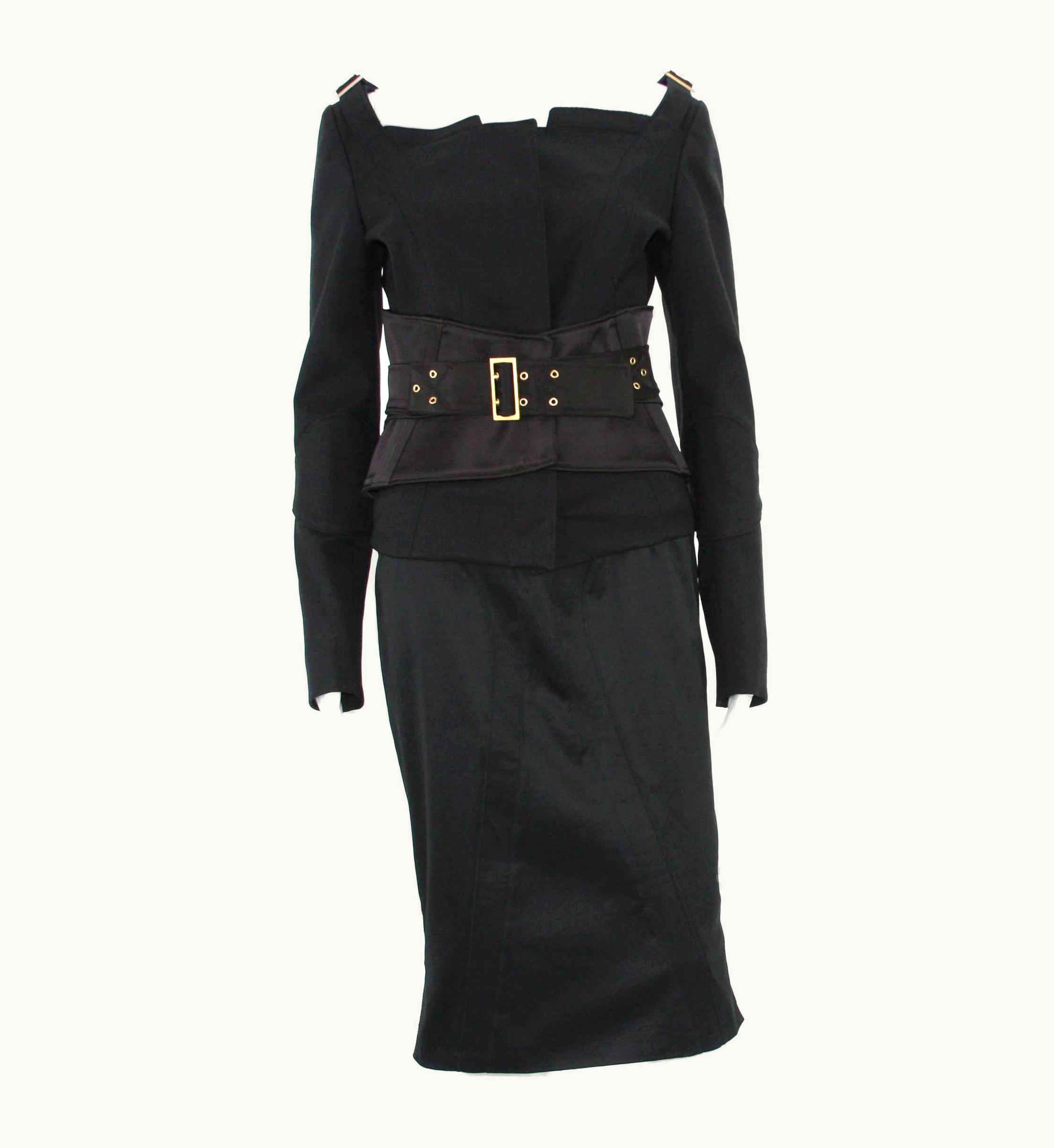 Gucci Tom Ford For Gucci AW 2003 Black Jacket + Skirt + Belt Suit It. 44 - Us