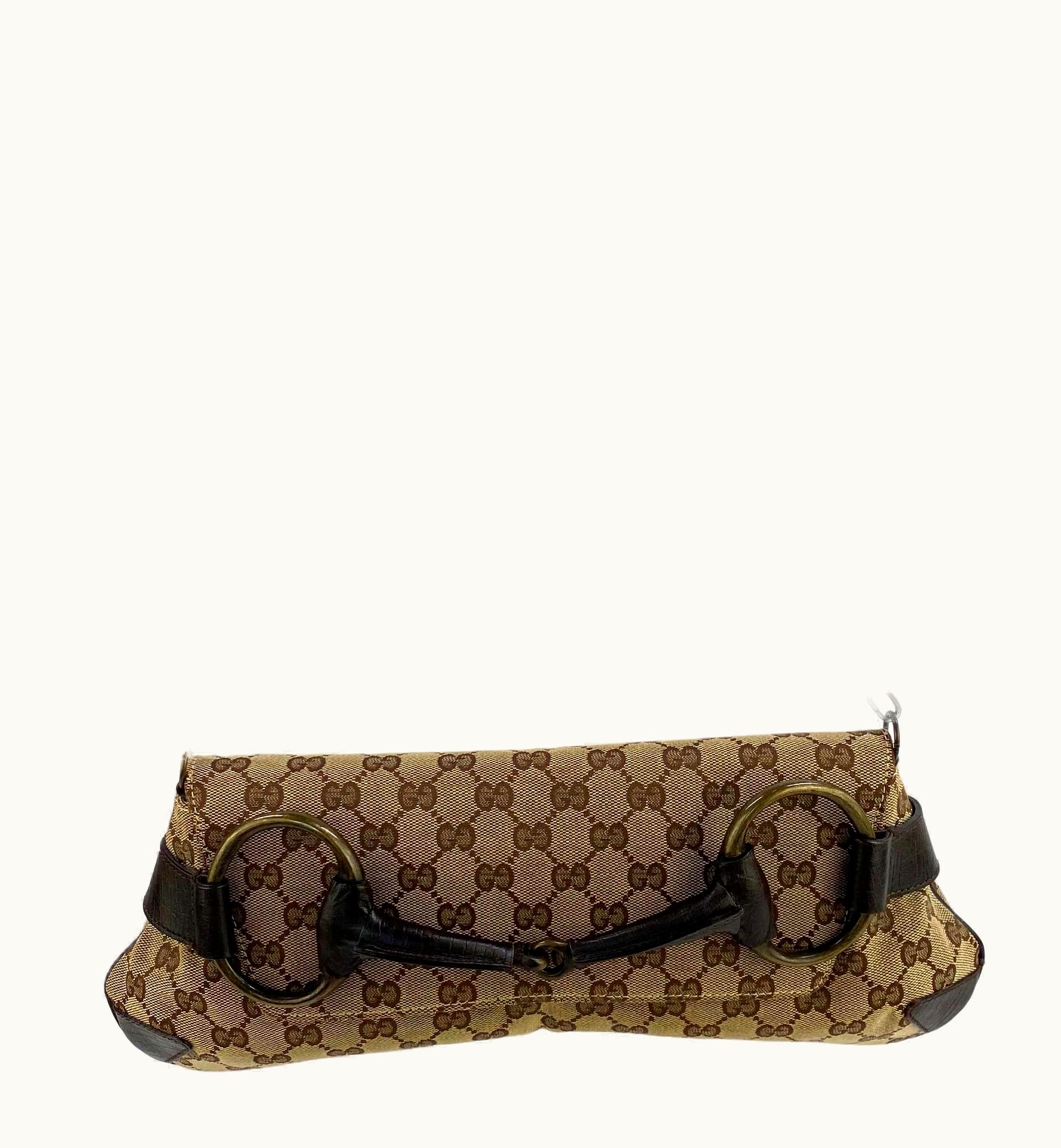 Gucci 2000s Gucci By Tom Ford Brown Gg Distressed Gold Large Horsebit Clutch
