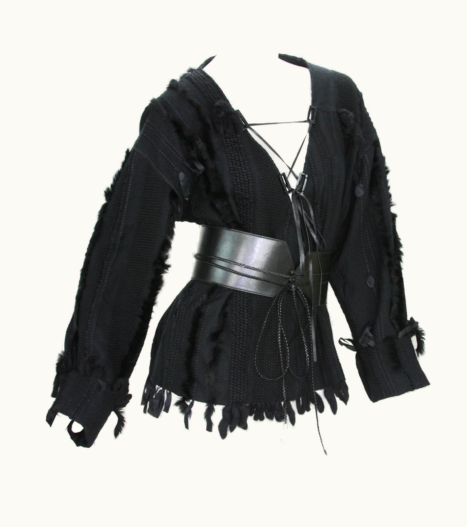 Gucci Tom Ford For Gucci AW 2002 Collection Fox Trim Sweater With Leather Obi Belt