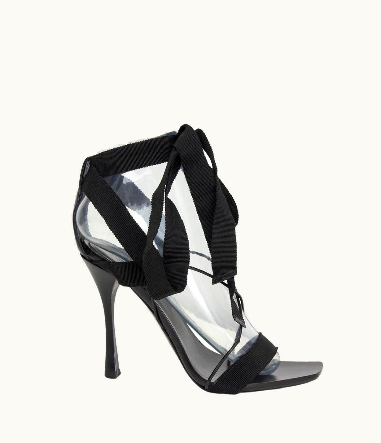 Gucci Gucci Tom Ford Black Leather & Grosgrain Ankle Strap Sandals Shoes 38 C