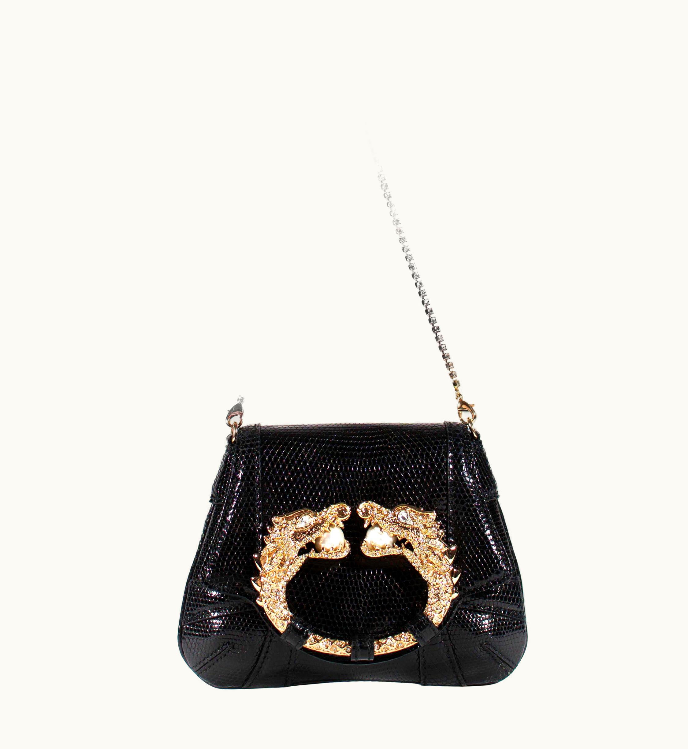 Gucci AW 2004 Gucci By Tom Ford Black Lizard Rhinestone Dragon Chain Mini Bag Runway
