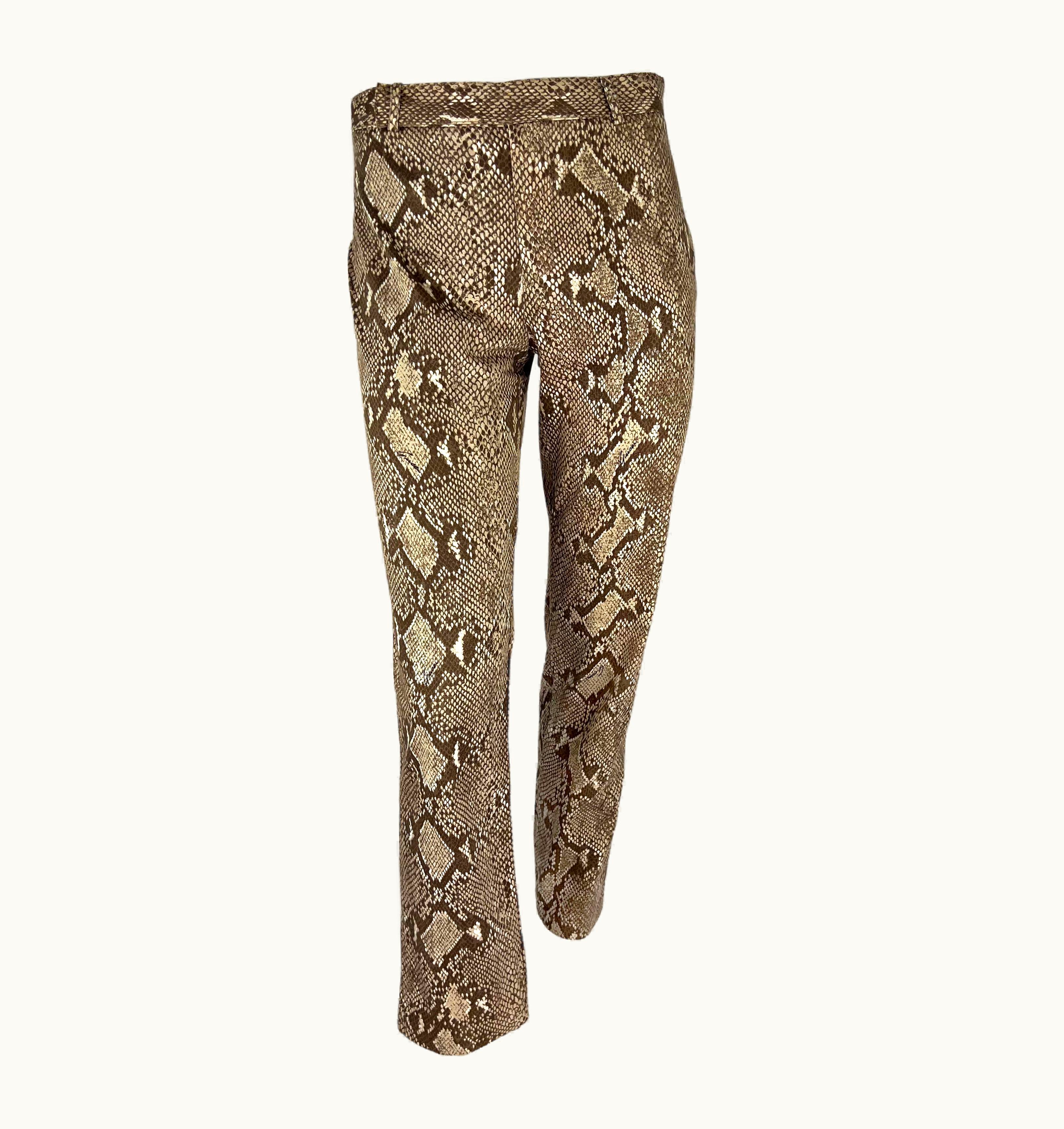 Gucci S/S 2000 Gucci By Tom Ford Runway Brown Snakeskin Logo Print Stretch Flare Pants