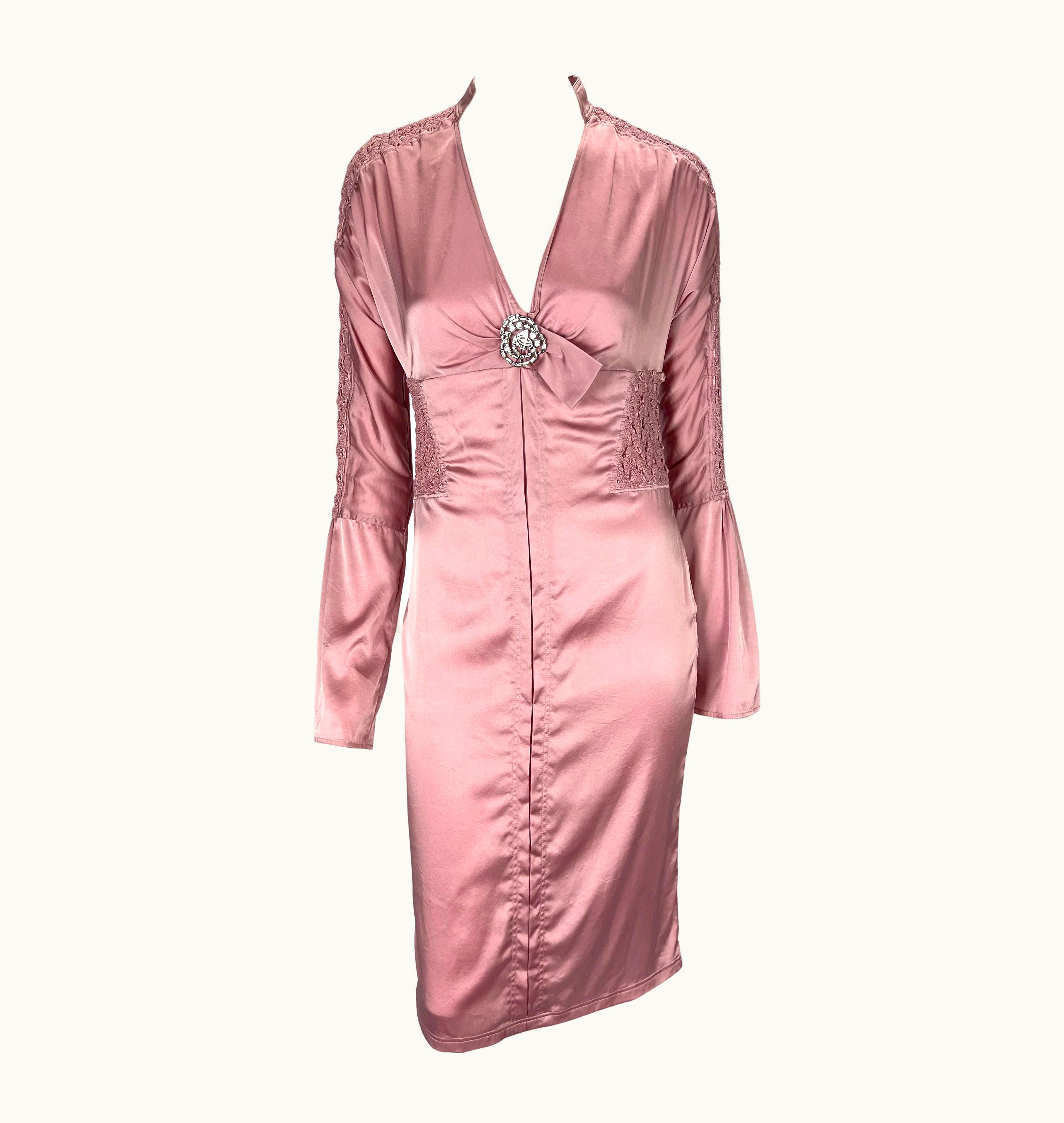 Gucci S/S 2004 Gucci By Tom Ford Ruched Pink Satin Rhinestone Brooch Dress