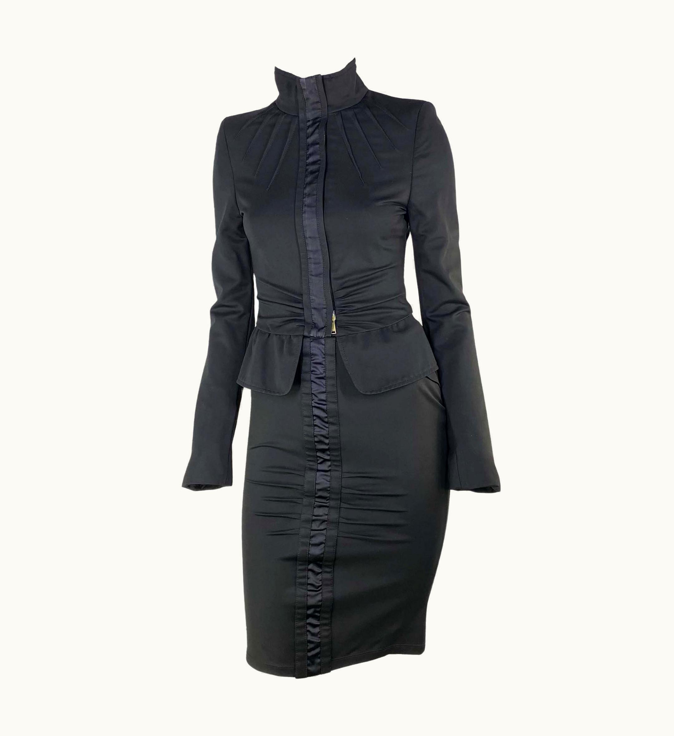 Gucci AW 2004 Gucci By Tom Ford Runway Black Satin Trim Stretch Ruched Skirt Set