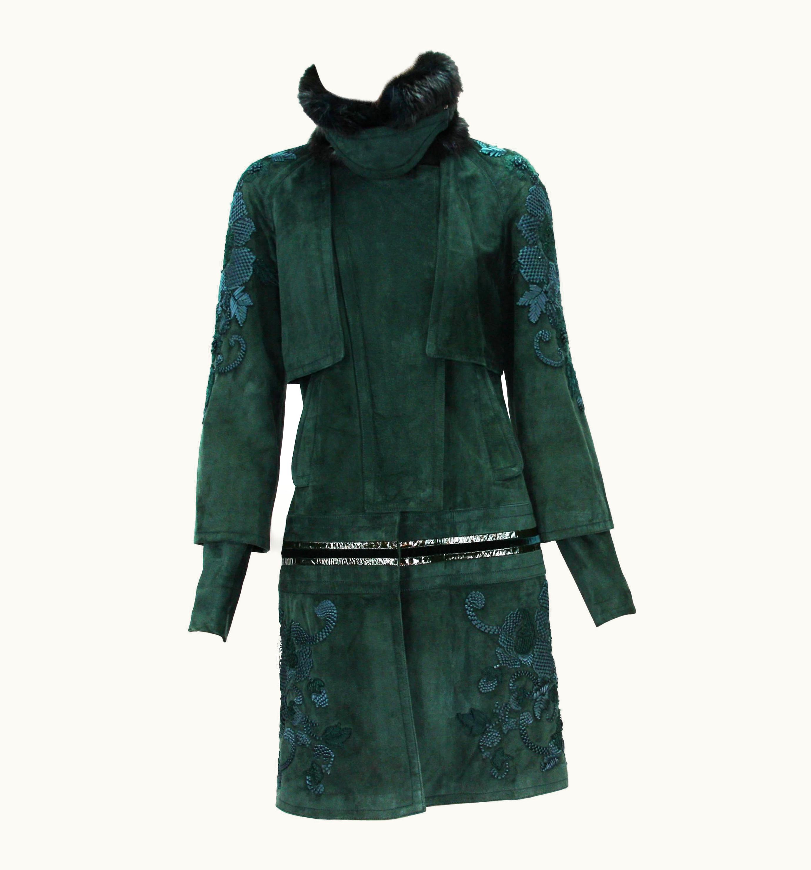 Gucci Tom Ford For Gucci Forest Green Suede Embroidered Fur Collar Coat It 42 Us