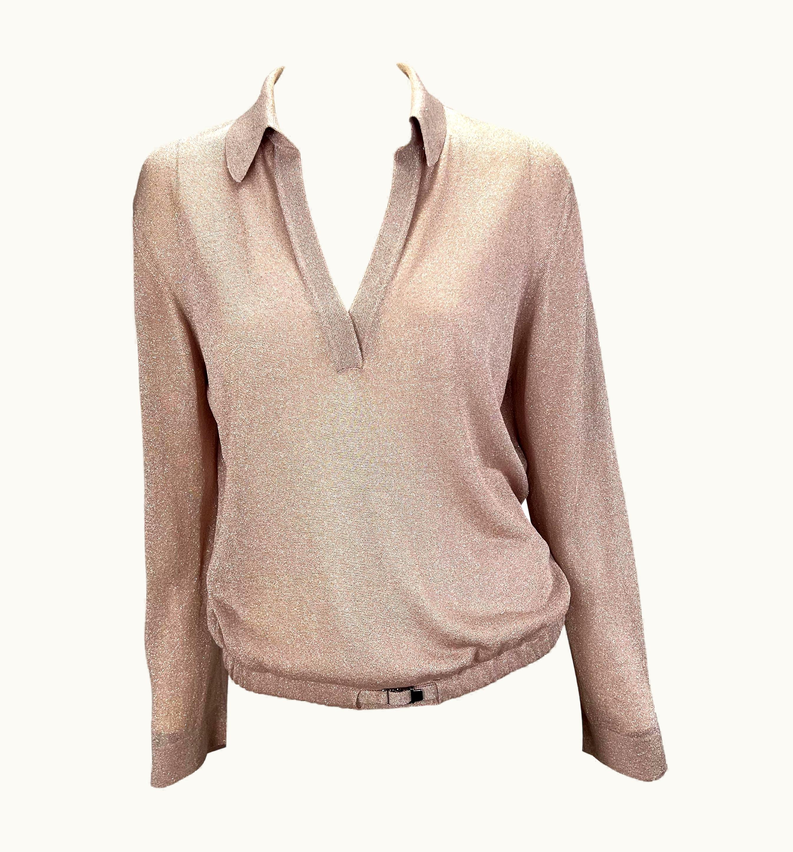 Gucci S/S 2000 Gucci By Tom Ford Runway Sheer Blush Pink Lurex Knit Belted Top