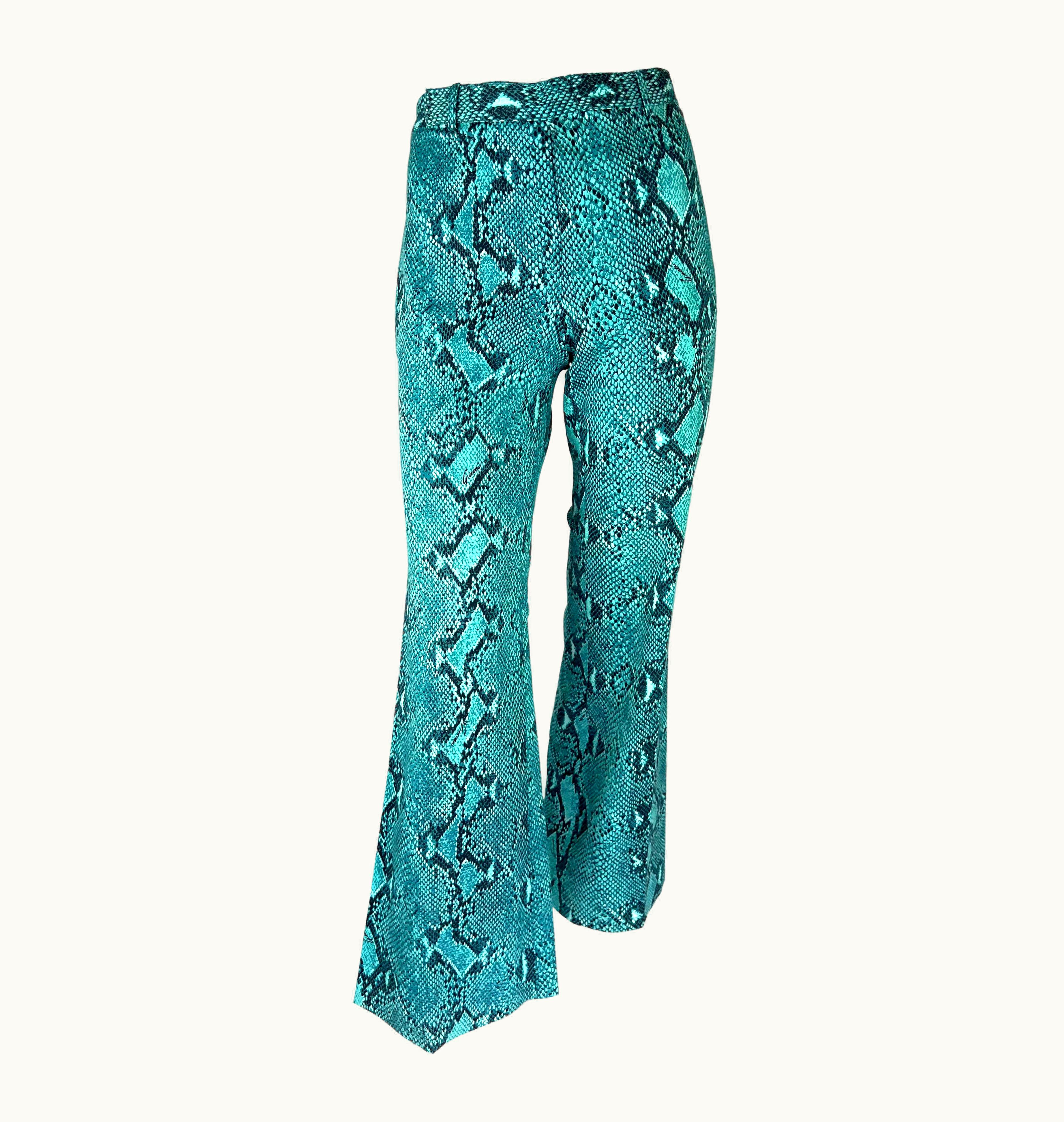 Gucci S/S 2000 Gucci By Tom Ford Turquoise Snakeskin Logo Print Stretch Flare Pants