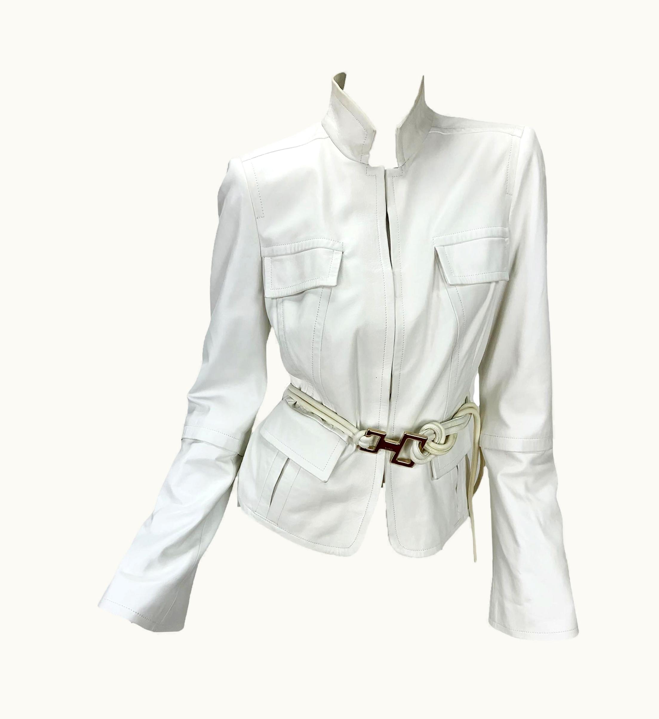 Gucci Tom Ford For Gucci AW 2004 White Leather Rope Belted Jacket It. 46 - Us