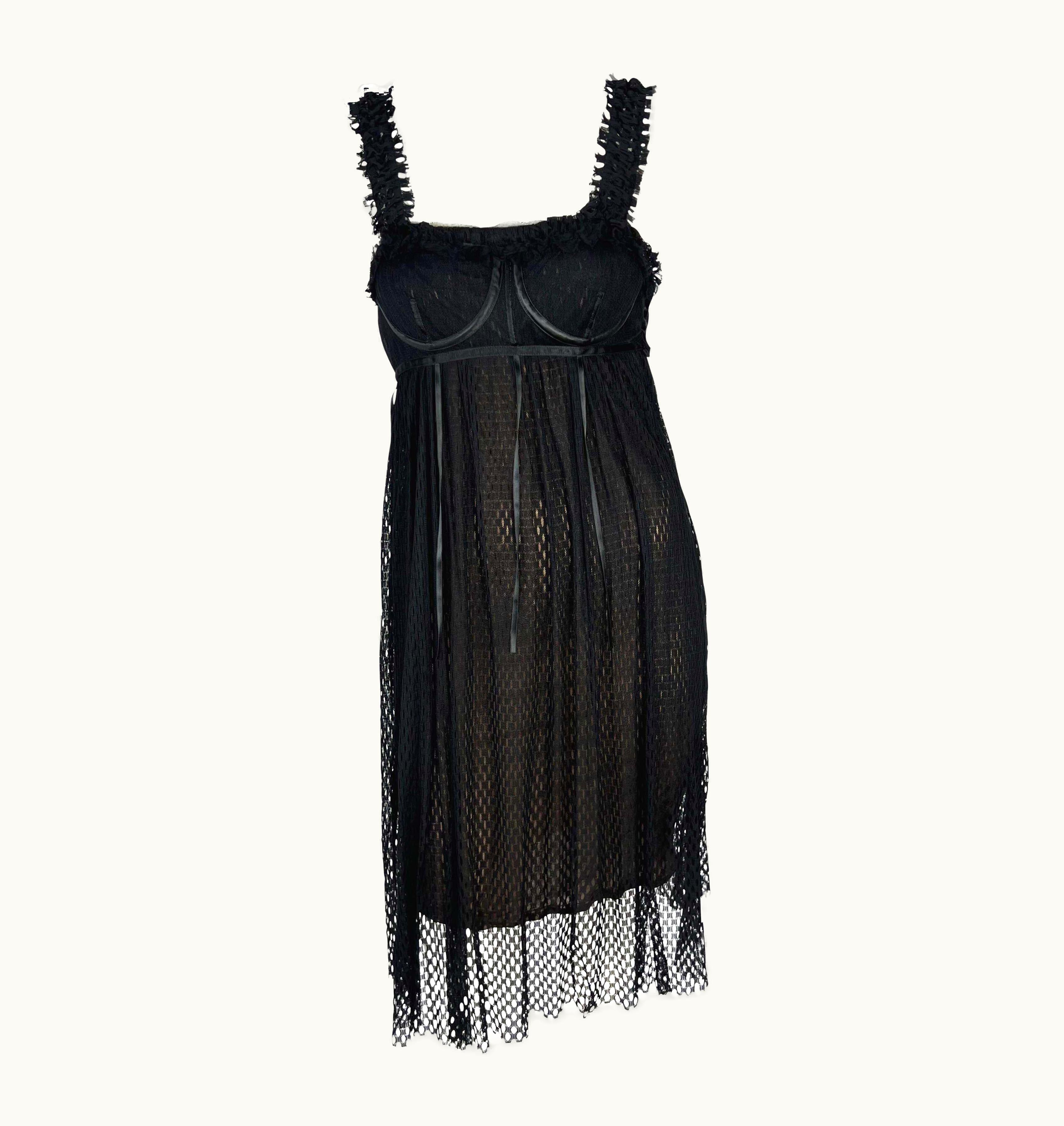 Gucci AW 2001 Gucci By Tom Ford Runway Black Mesh External Bralette Babydoll Dress