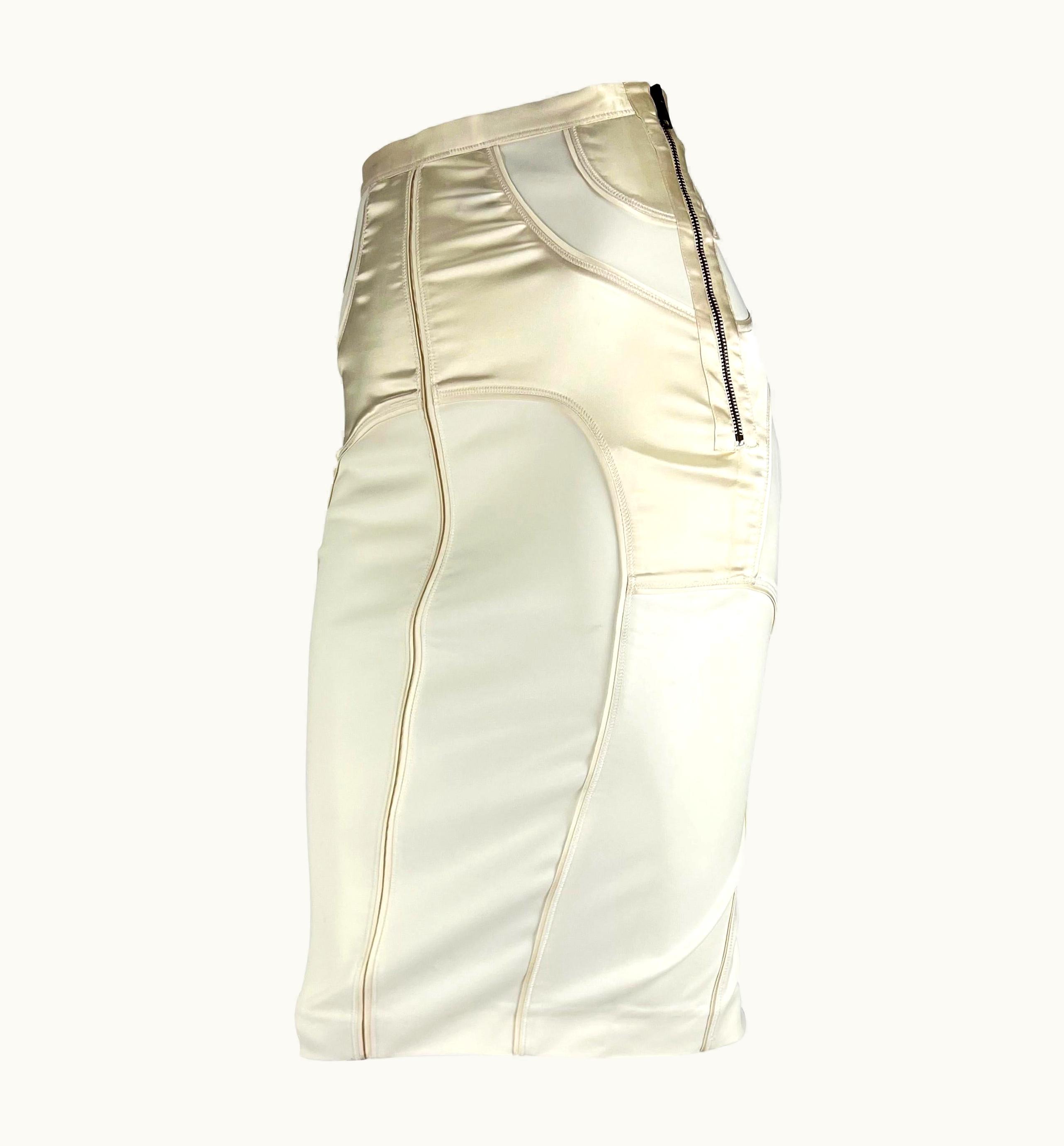 Gucci AW 2003 Gucci By Tom Ford White Satin Panel Zip Stretch Skirt