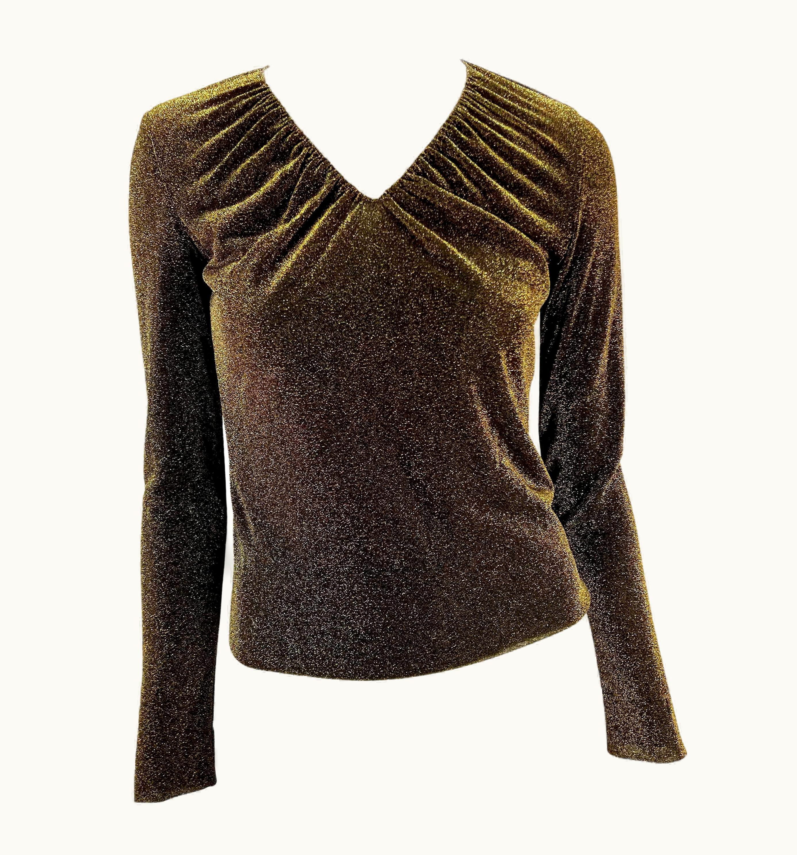 Gucci AW 2000 Gucci By Tom Ford Sheer Gold Lurex V-Neck Long-Sleeve Metallic Top Y2k