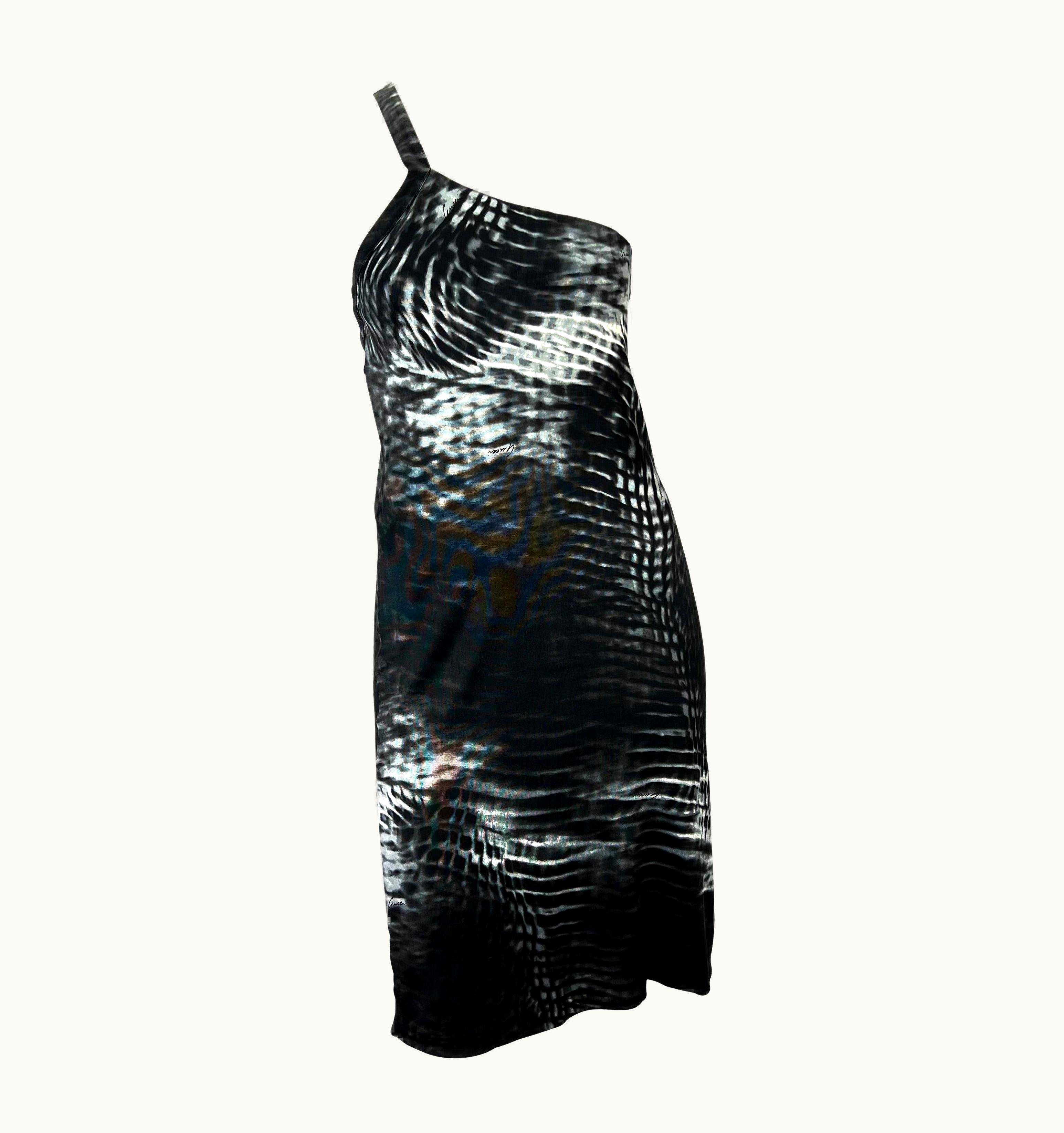 Gucci S/S 2000 Gucci By Tom Ford Runway Asymmetric Black Tie-Dye Logo Viscose Dress UZ0574569
