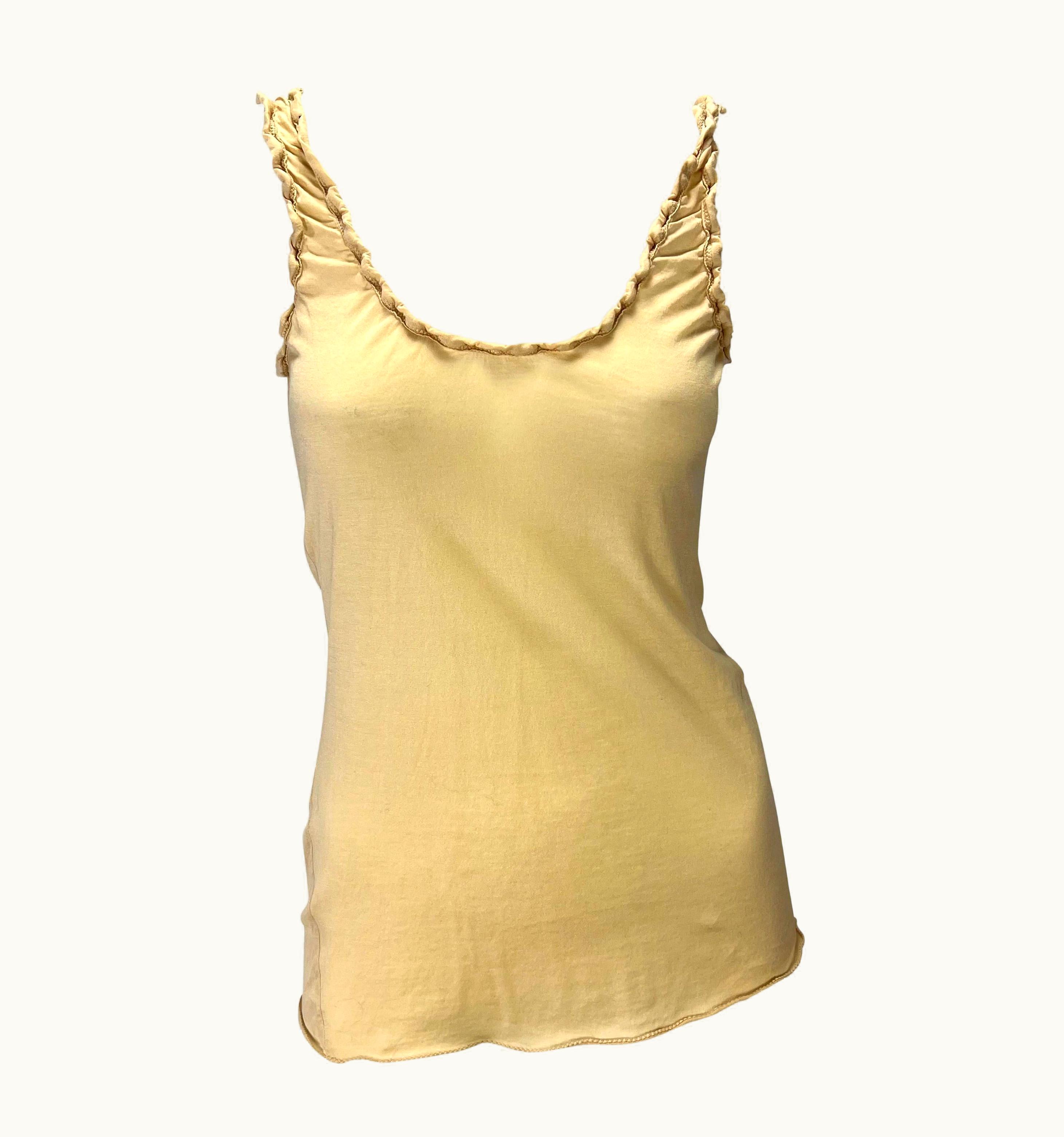 Gucci 2000s Gucci By Tom Ford Beige Ruched Trim Stretch Cotton Tank Top Y2k
