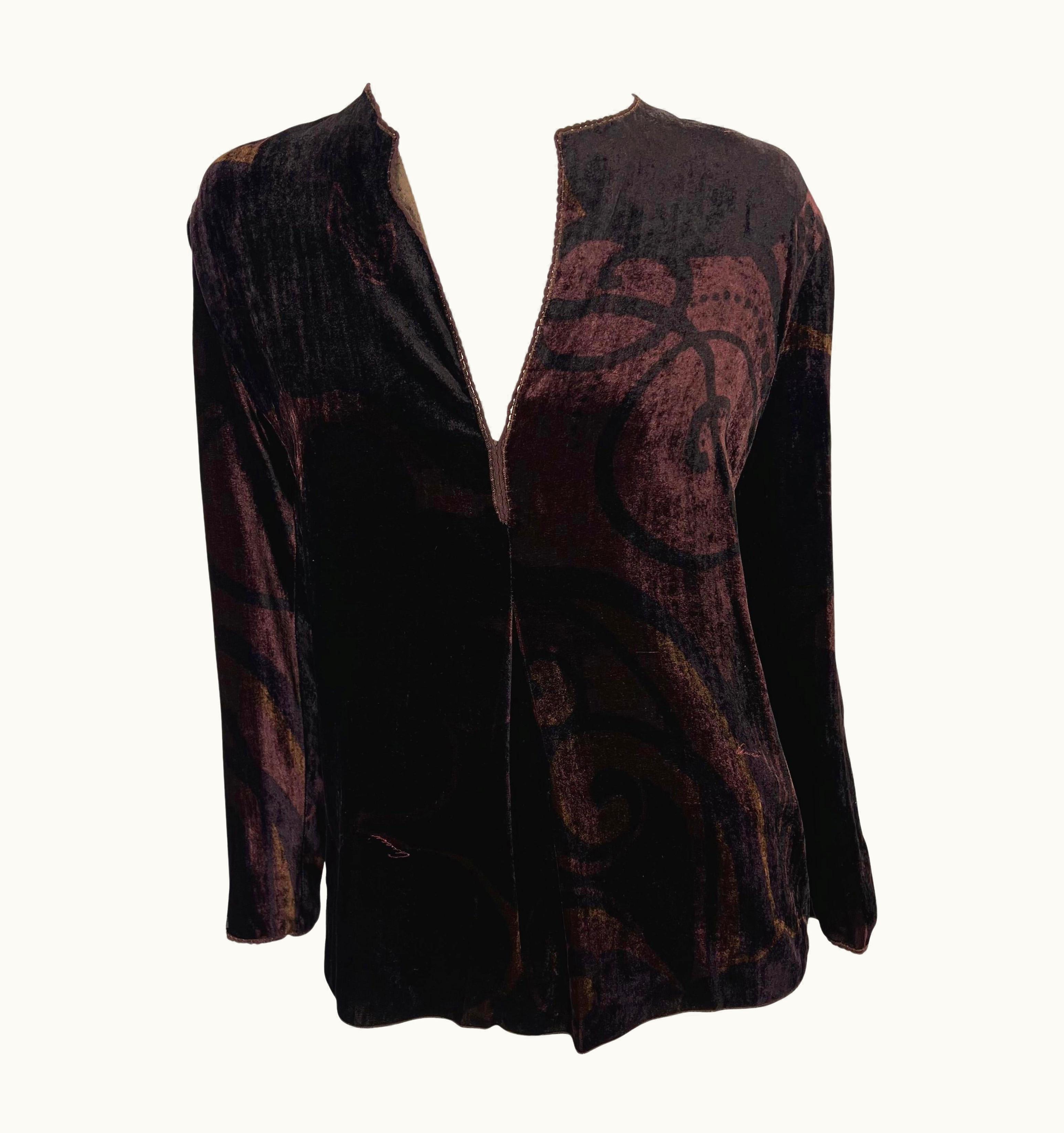 Gucci AW 2001 Gucci By Tom Ford Brown Velvet Logo Print Plunging Tunic Top