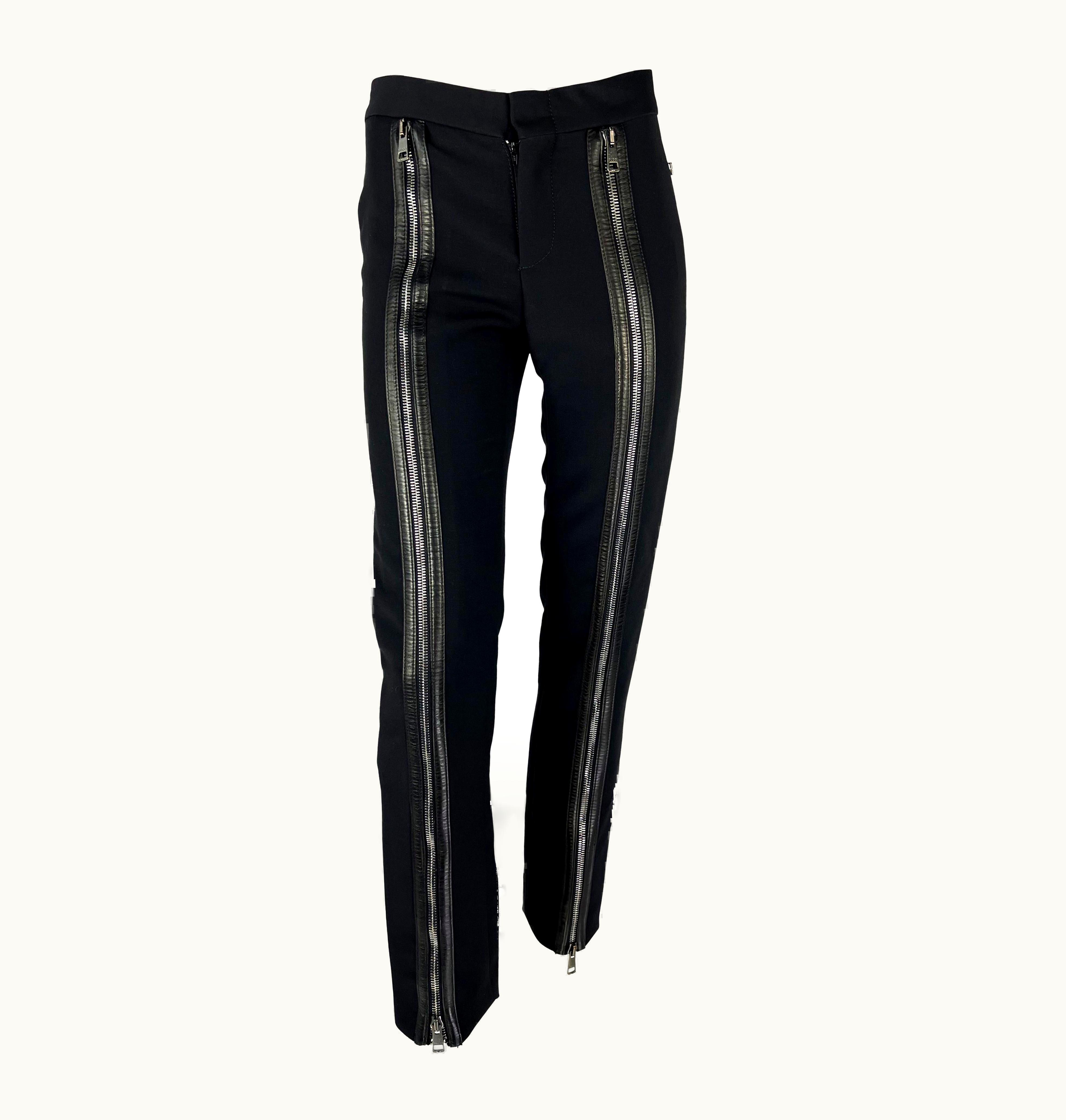 Gucci AW 2001 Gucci By Tom Ford Runway Double Zip-Up Leather Pocket Black Wool Pants