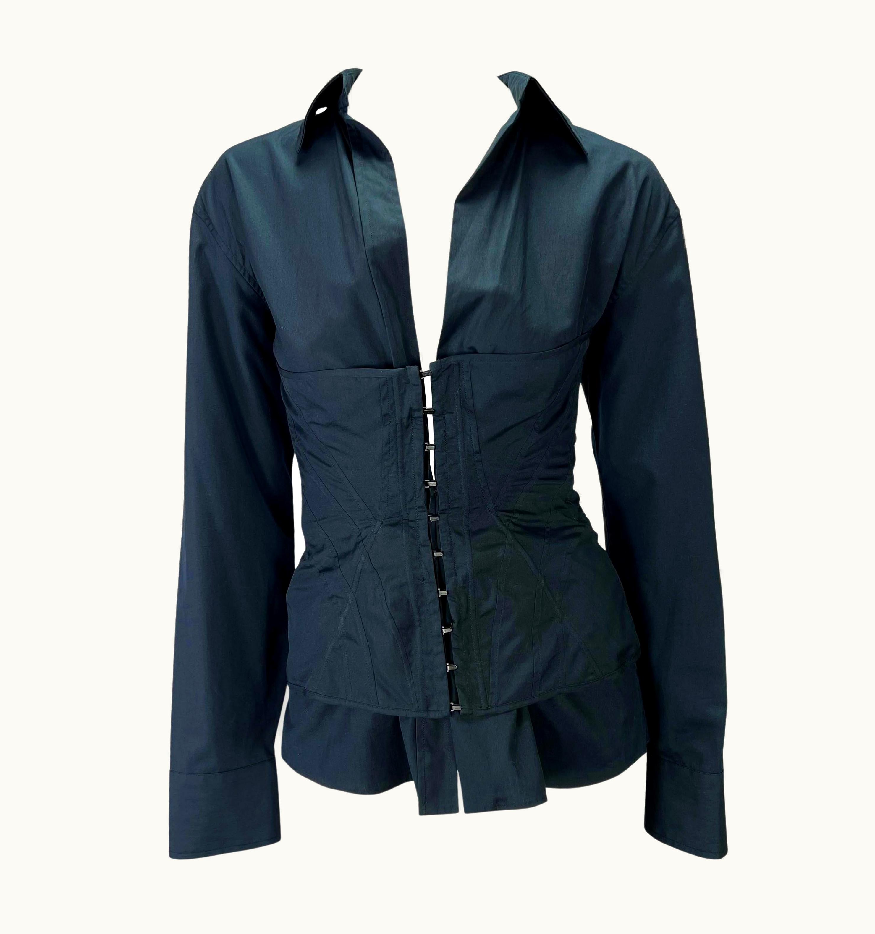 Gucci S/S 2001 Gucci By Tom Ford Ad Campaign Corset Navy Plunging Cotton Blouse
