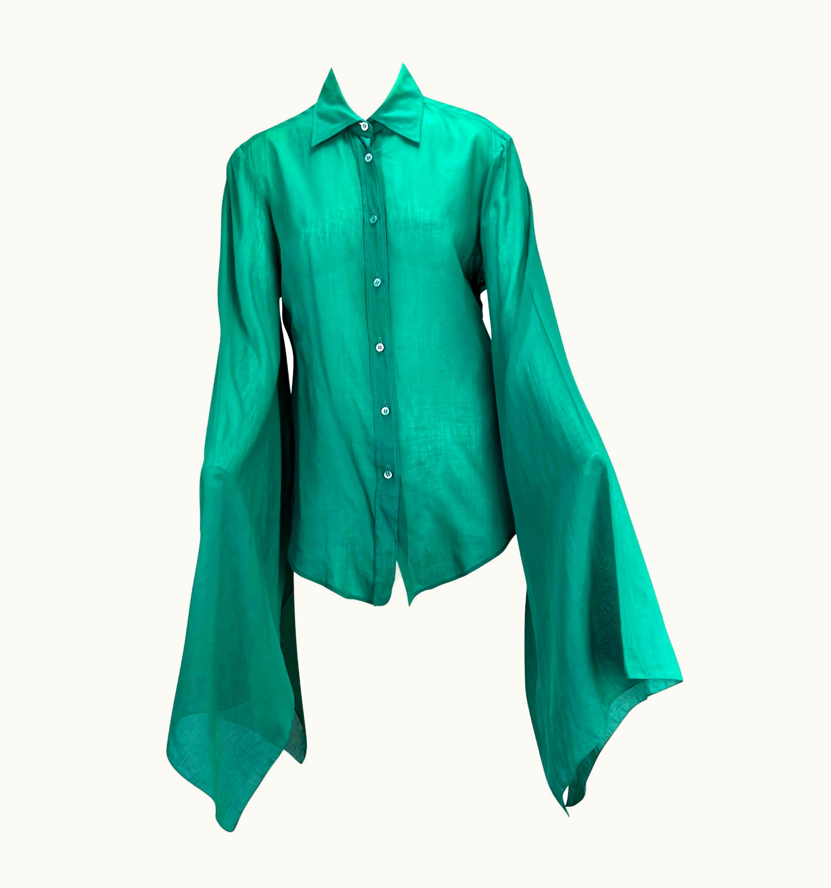 Gucci S/S 2003 Gucci By Tom Ford Green Kimono Sleeve Sheer Cotton Button Up Top