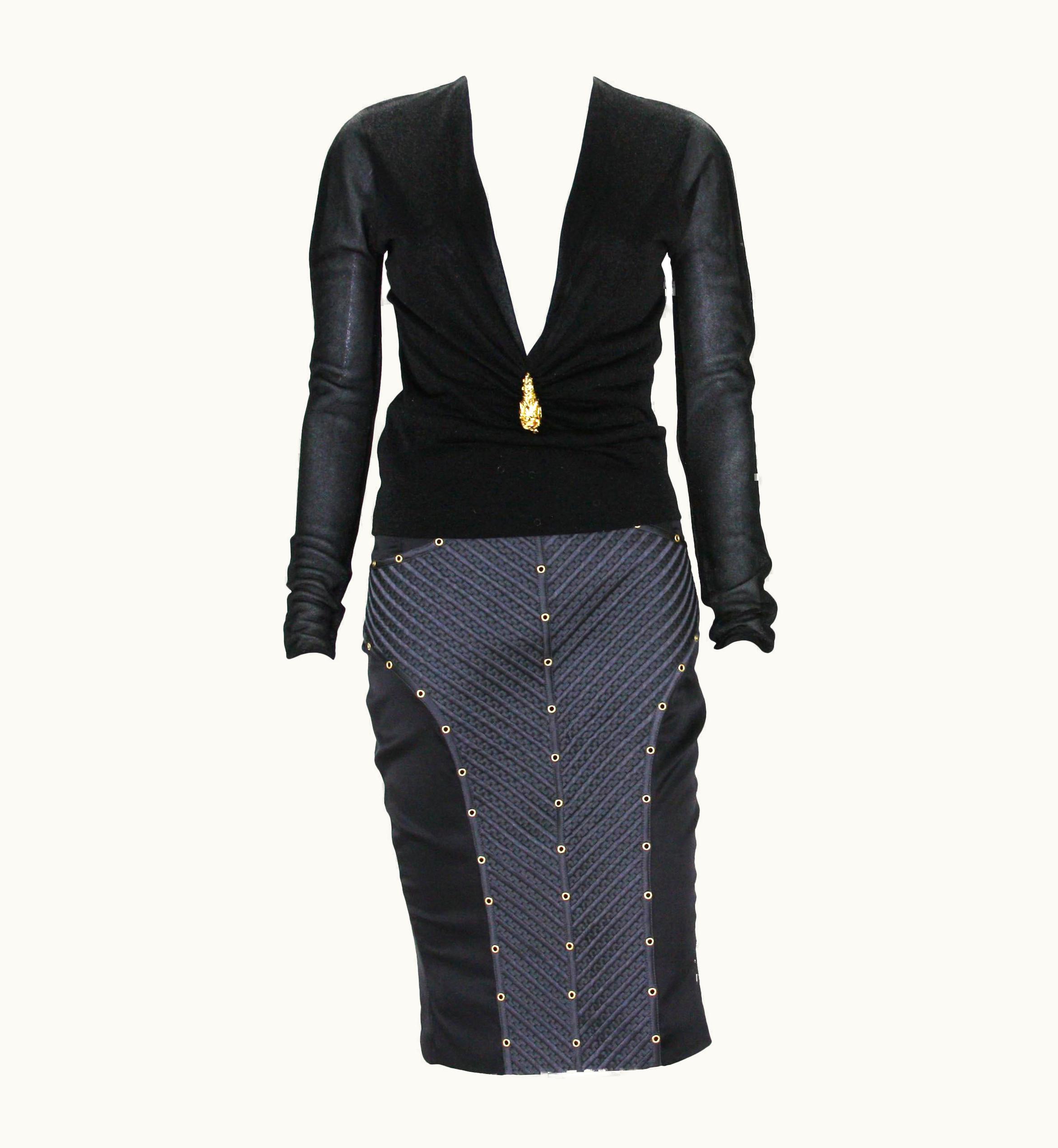 Gucci Gucci By Tom Ford Metallic Deep Plunging Lion Brooch Top Studded Skirt