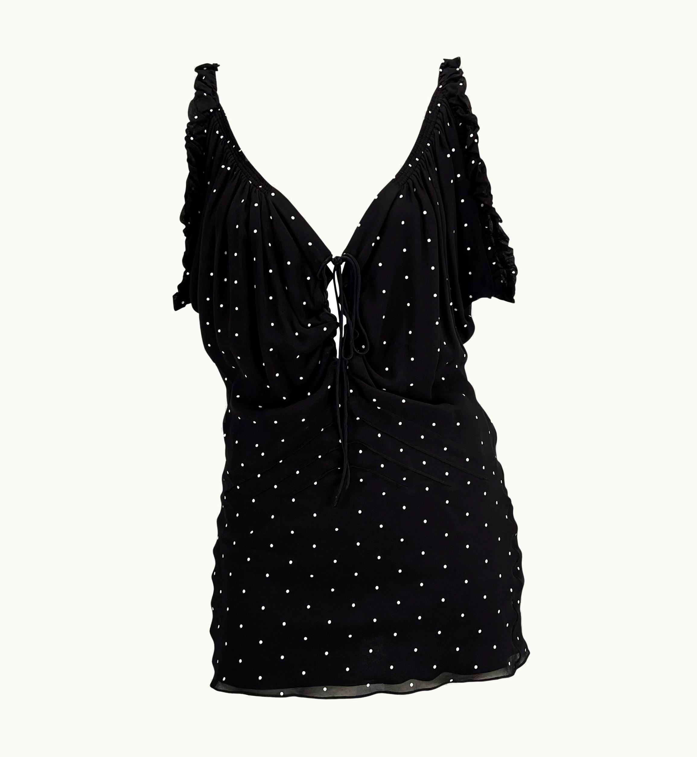 Gucci S/S 2003 Gucci By Tom Ford Black Silk Polka Dot Lace-Up Ruffle Mini Dress